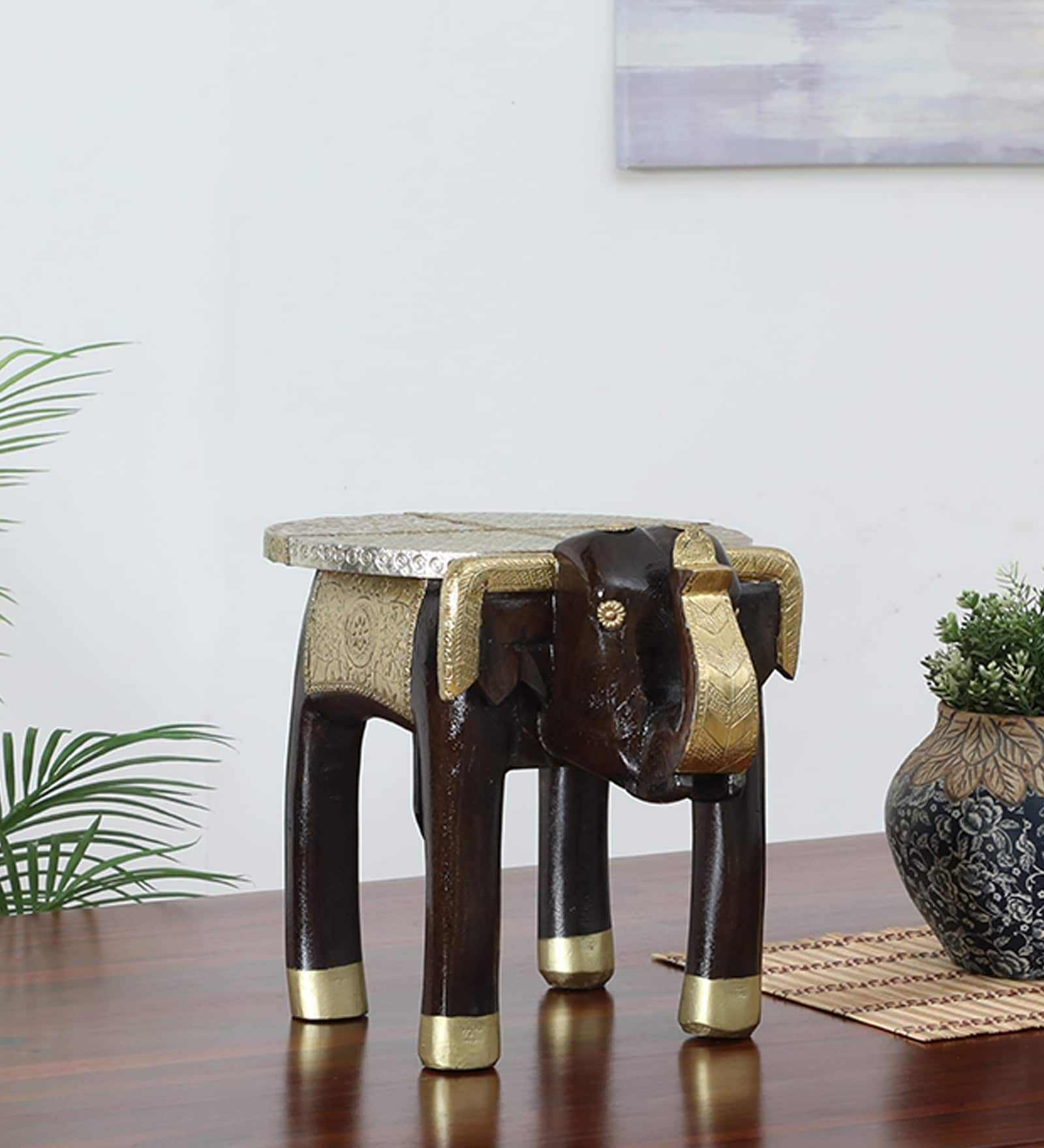 Elephant Brass Solid Wood Chowkie