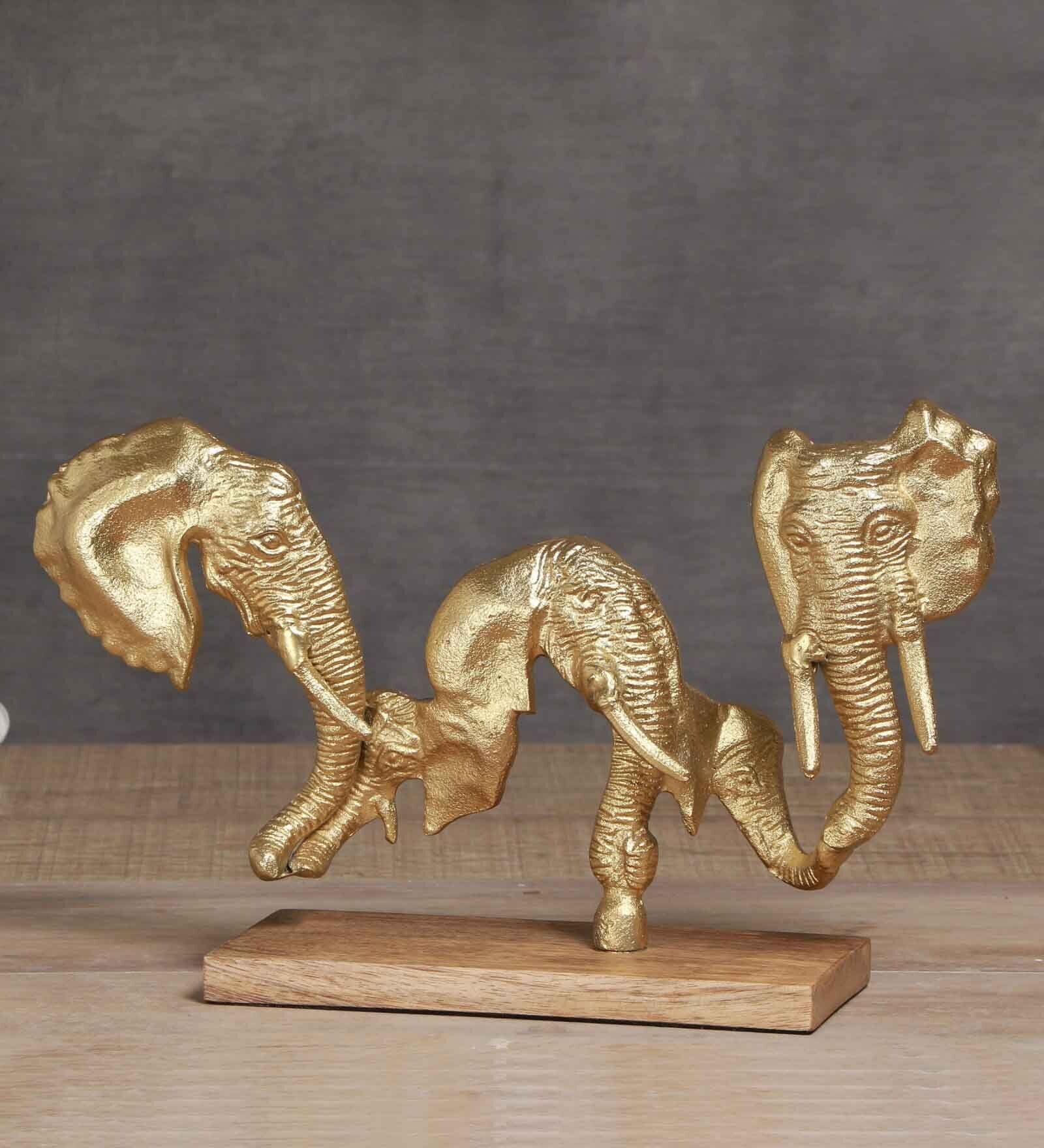 Elephant Head Gold Wood & Aluminium Figurine
