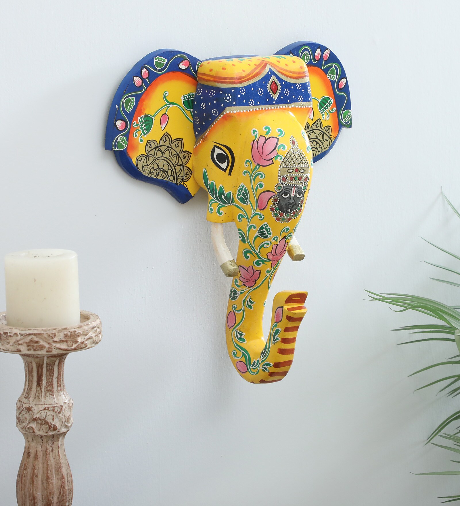 Yellow Elephant Sclupture Mango Wood Wall Mask