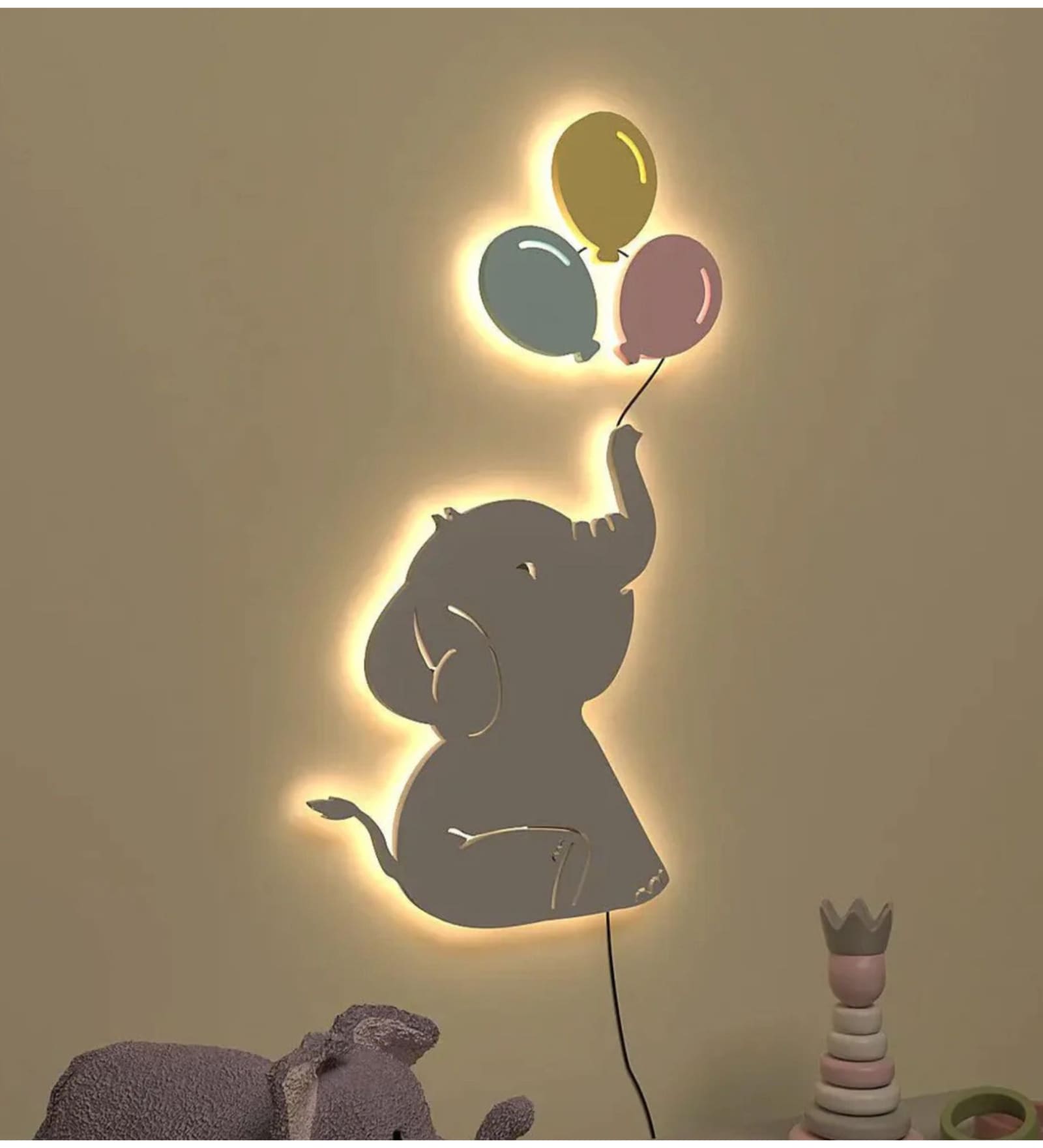 Elephant Playing with Balloon Grey Engineered Wood Wall Art With LED Light