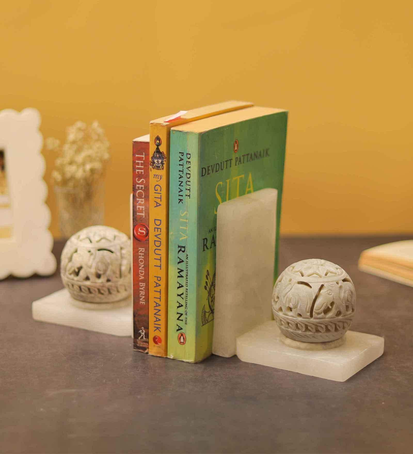 Elephant Set Of 2 White Soapstone & Marble Bookends