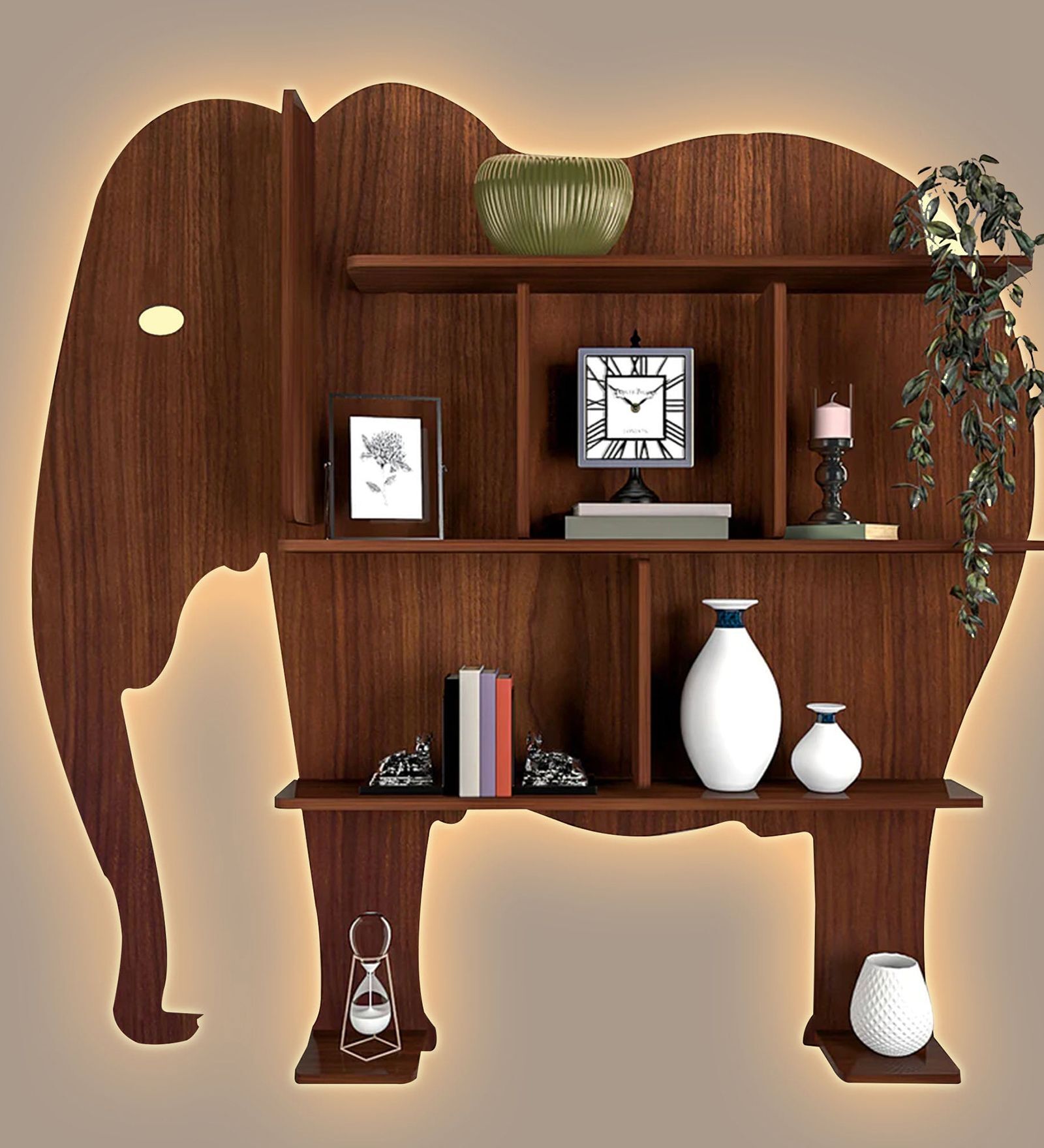 Elephant Shape Desigenr Wooden Wall Shelf / Book Shelf, with Light Walnut Finish