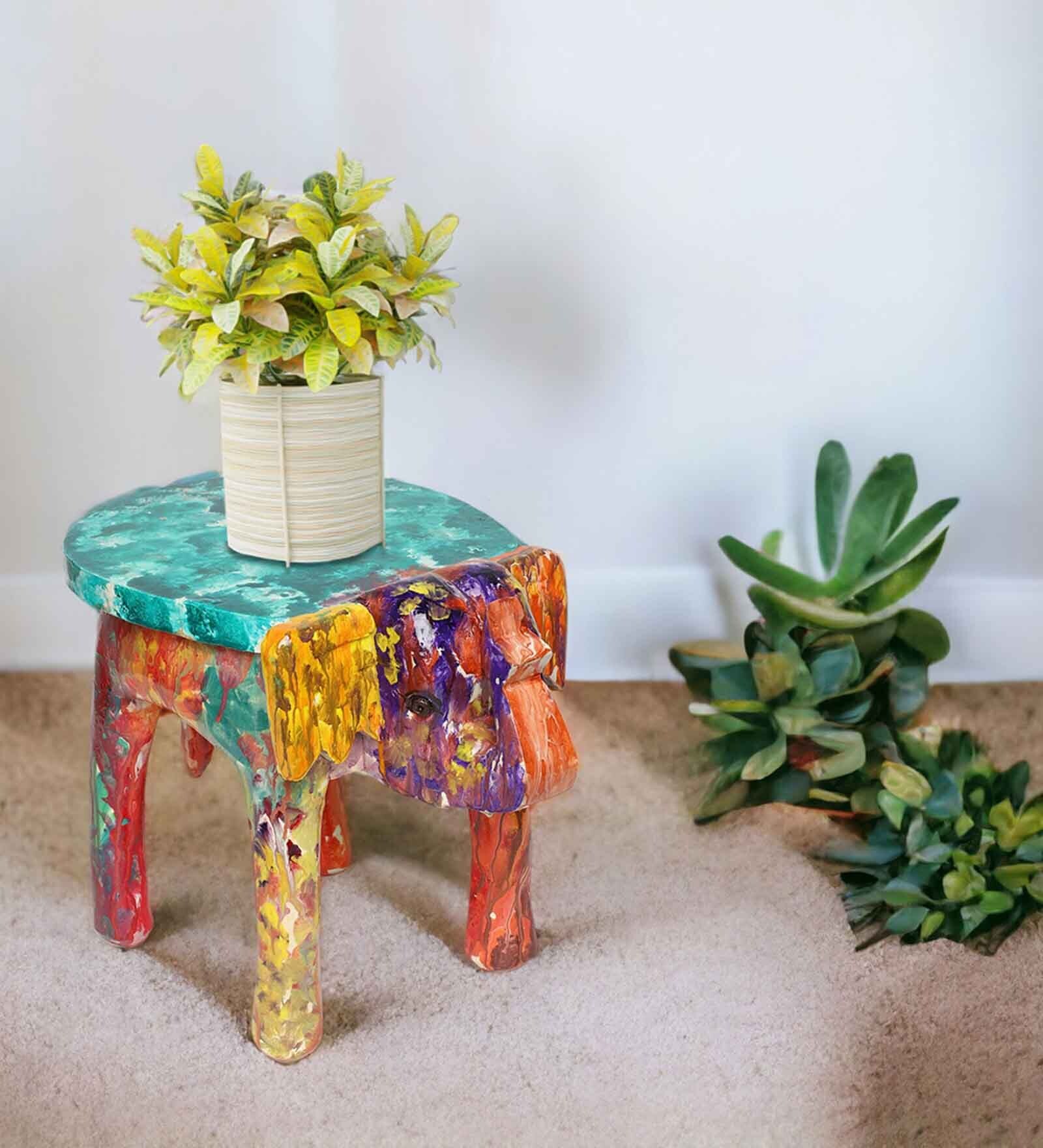 Elephant Multicolour Wood Chowkie