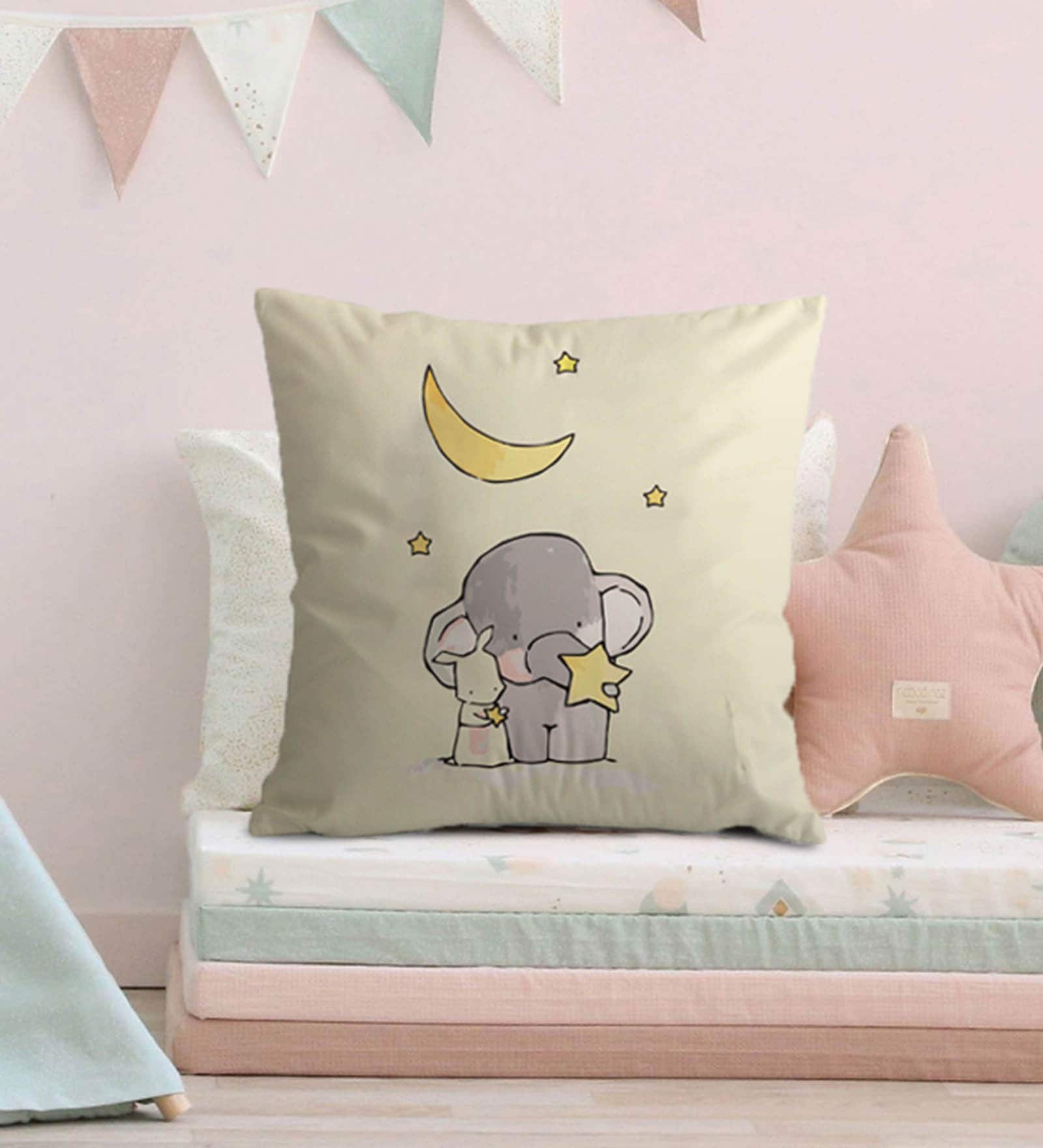Canvas Cushion with Elephant & Star Print