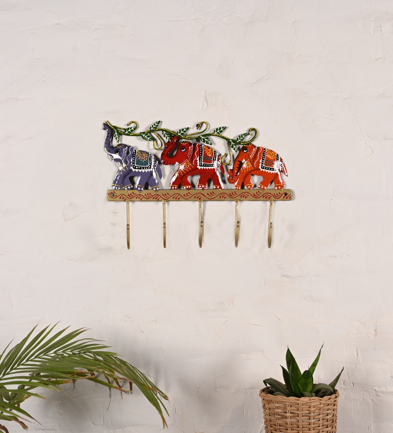 Multicolor Metal Handpainted Elephants Key Holder