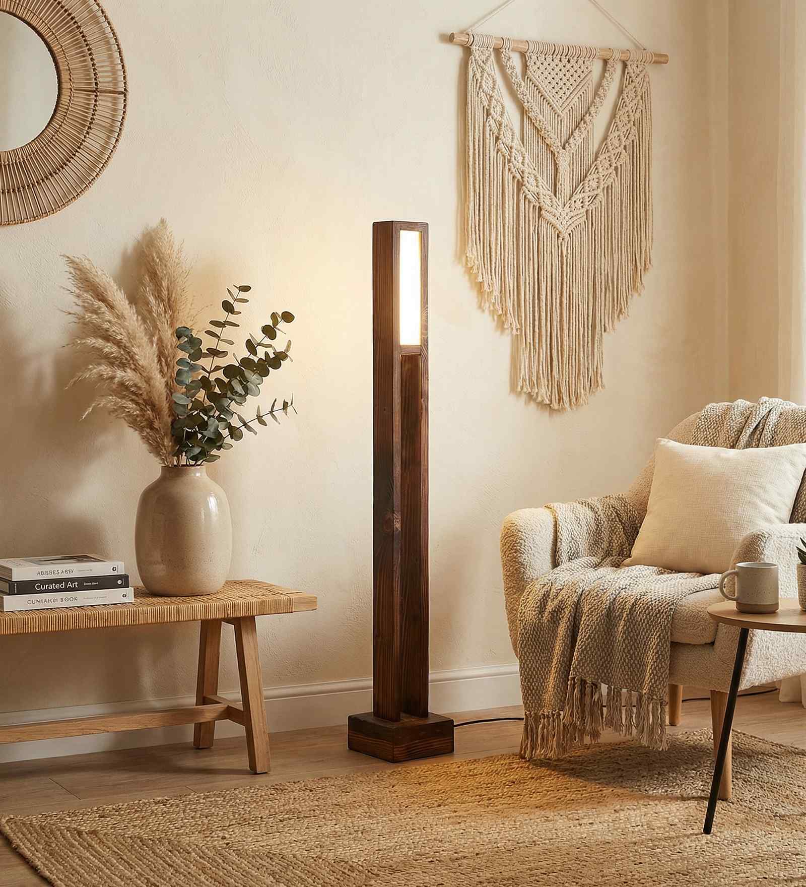 Elevar Brown Wooden LED Floor Lamp with brown base