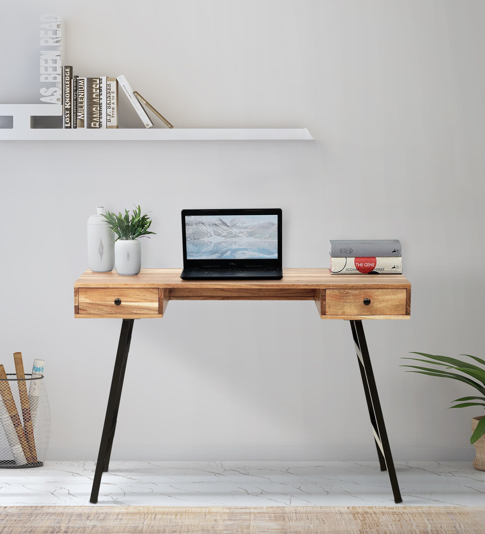 Rene Solid Wood Writing Table In Natural Finish
