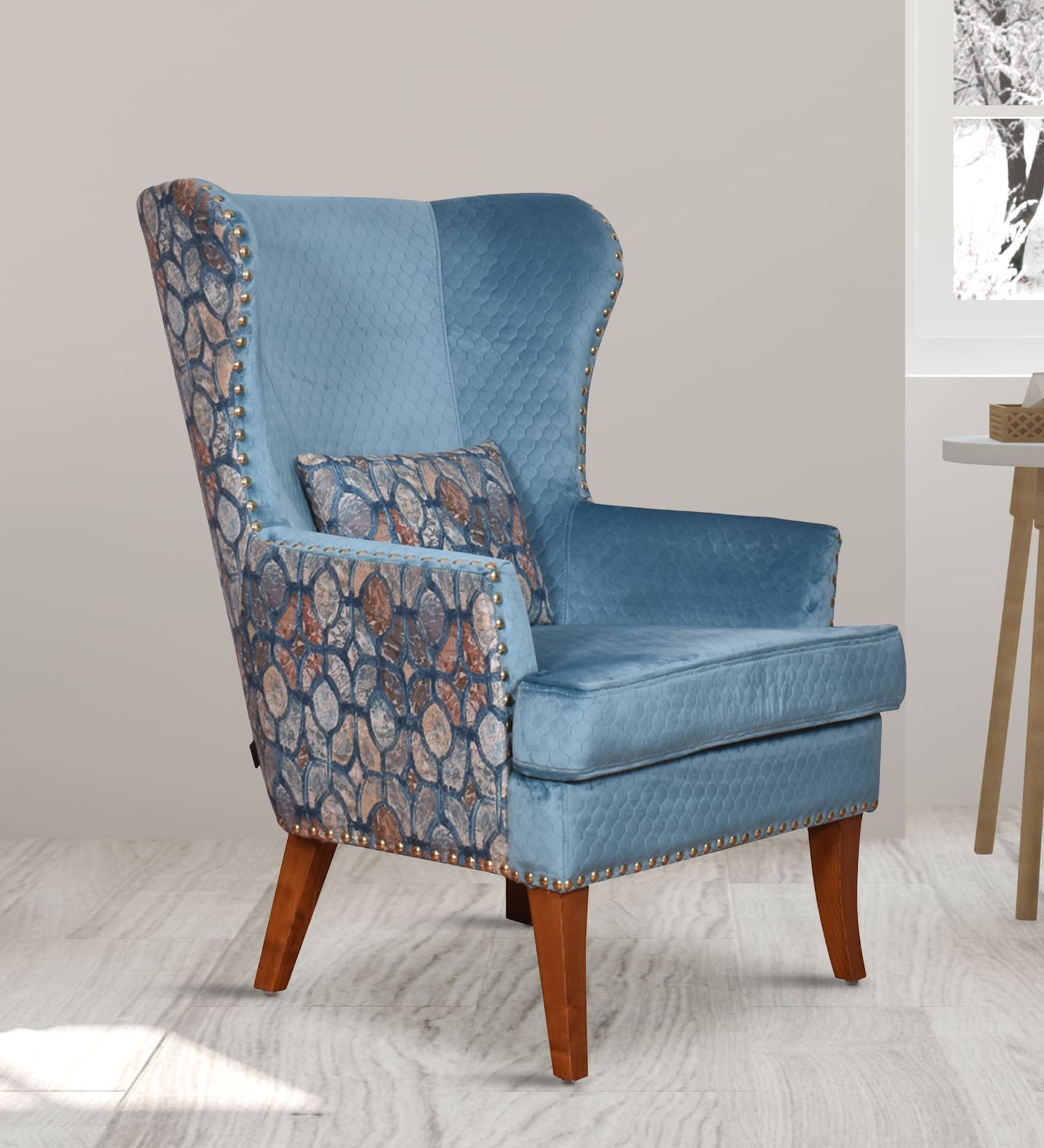 Buy Orlan Fabric Wing Chair In Blue Plamino Colour at 3% OFF by ...