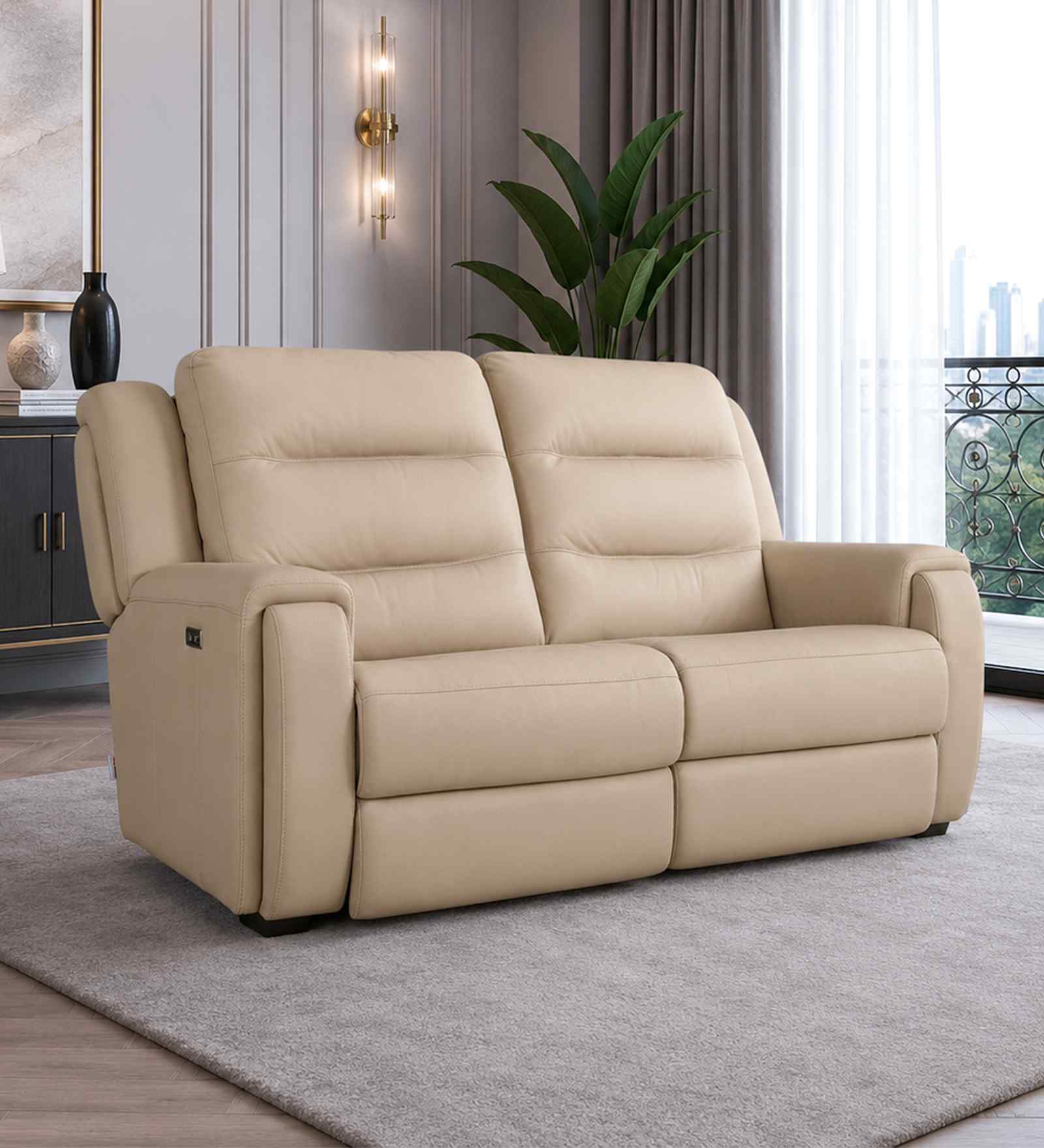 Elio Leather Fabric Electric Recliner 2 Seater Sofa In Beige Colour