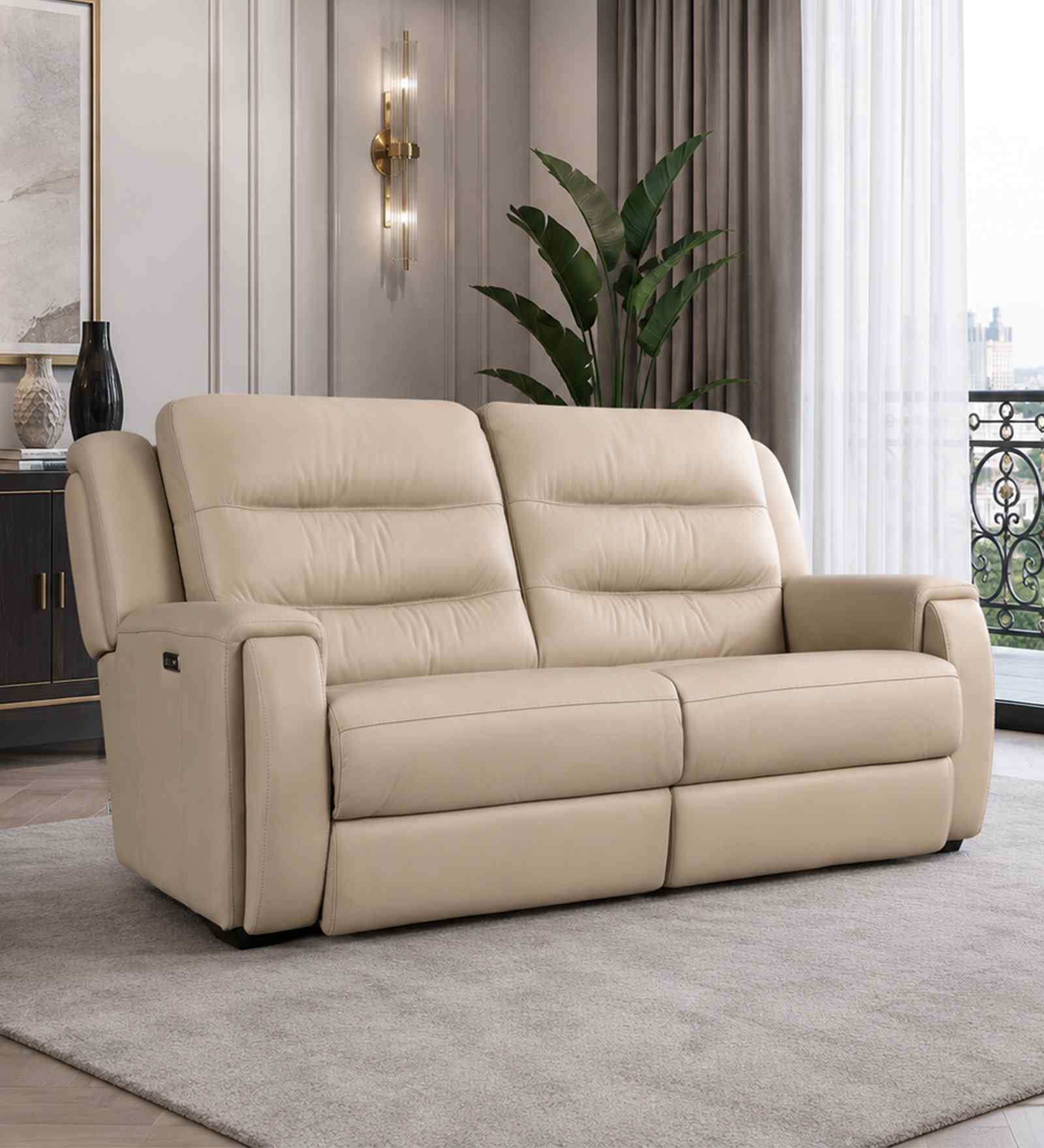 Elio Leather Fabric Electric Recliner 3 Seater Sofa In Beige Colour