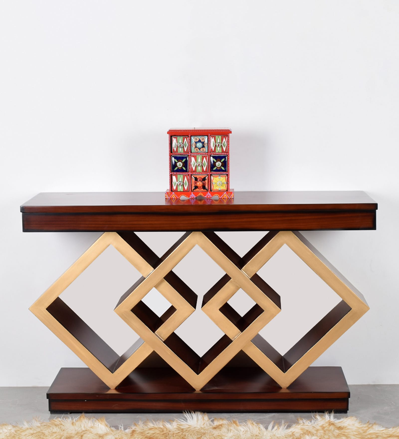 Elite Solid Wood Console Table in Brown & Gold Finish