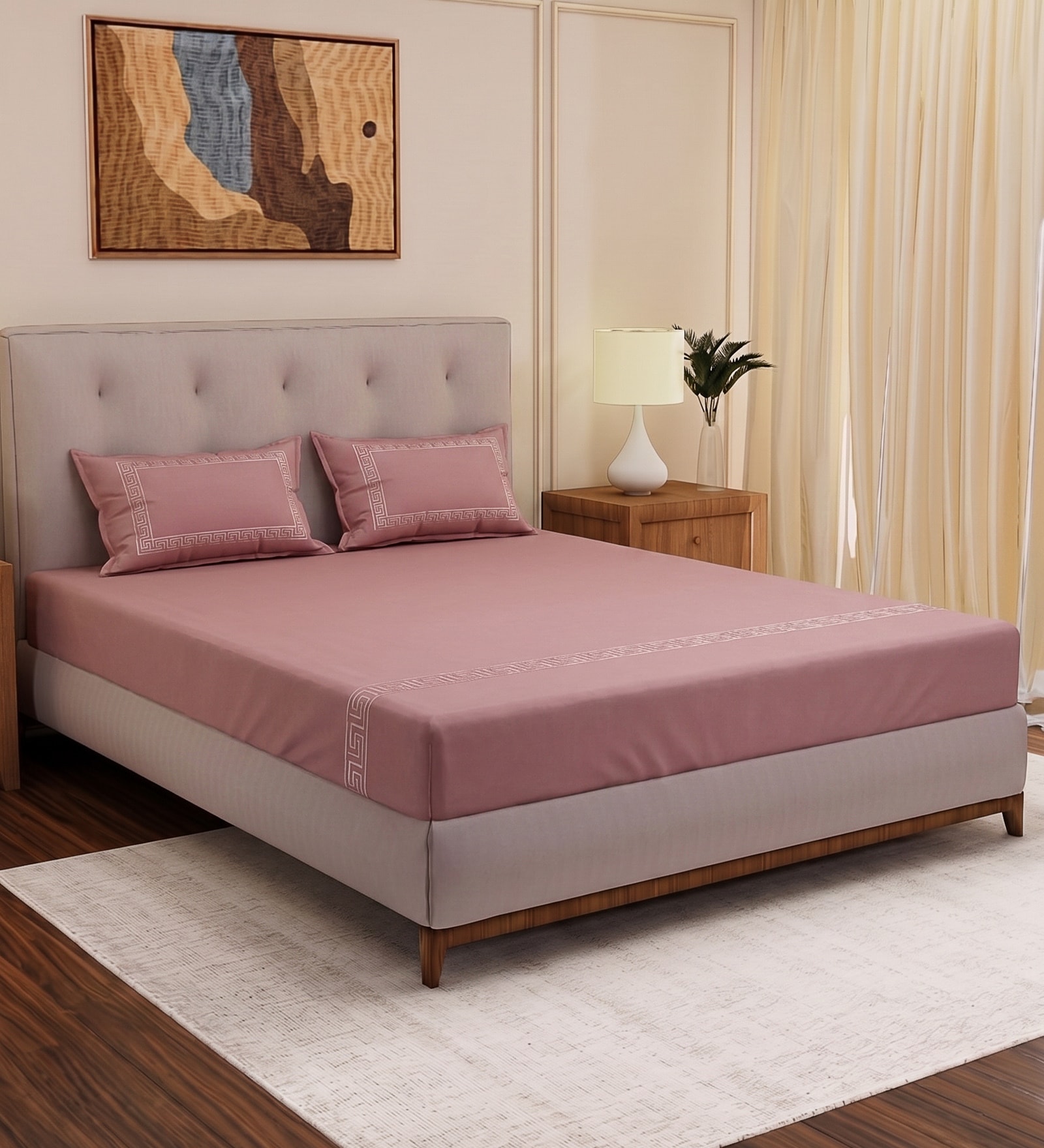 Pink Solid- Embroidery 180 TC Polyester King Sized Bedsheet With 2 Pillow Covers