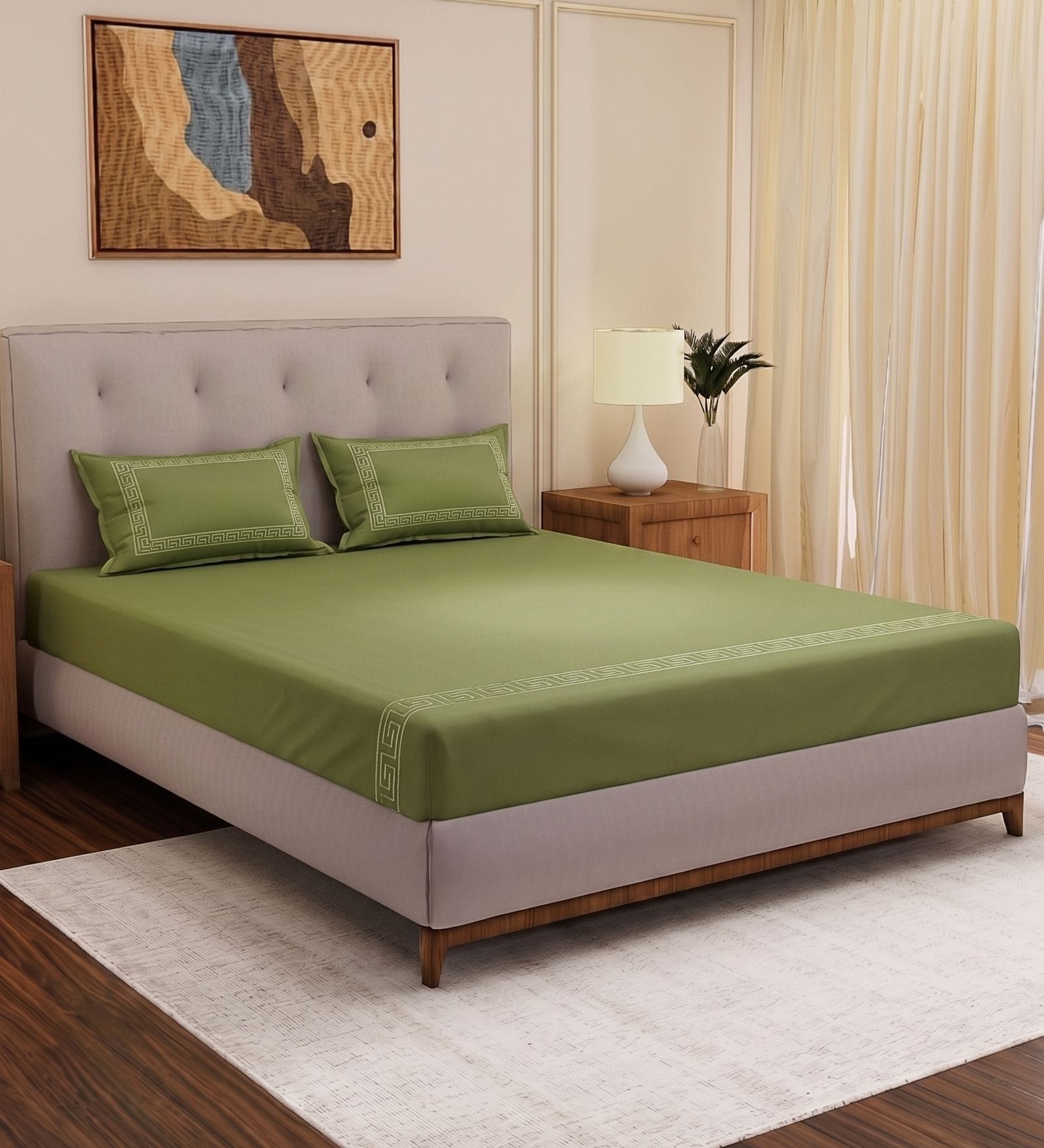 Olive Solid- Embroidery 180 TC Polyester King Sized Bedsheet With 2 Pillow Covers