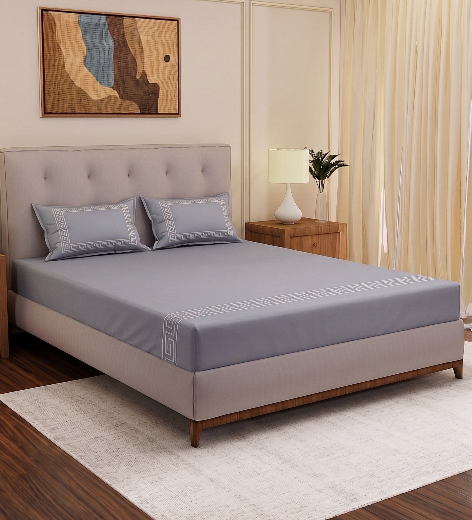 Grey Solid- Embroidery 180 TC Polyester King Sized Bedsheet With 2 Pillow Covers