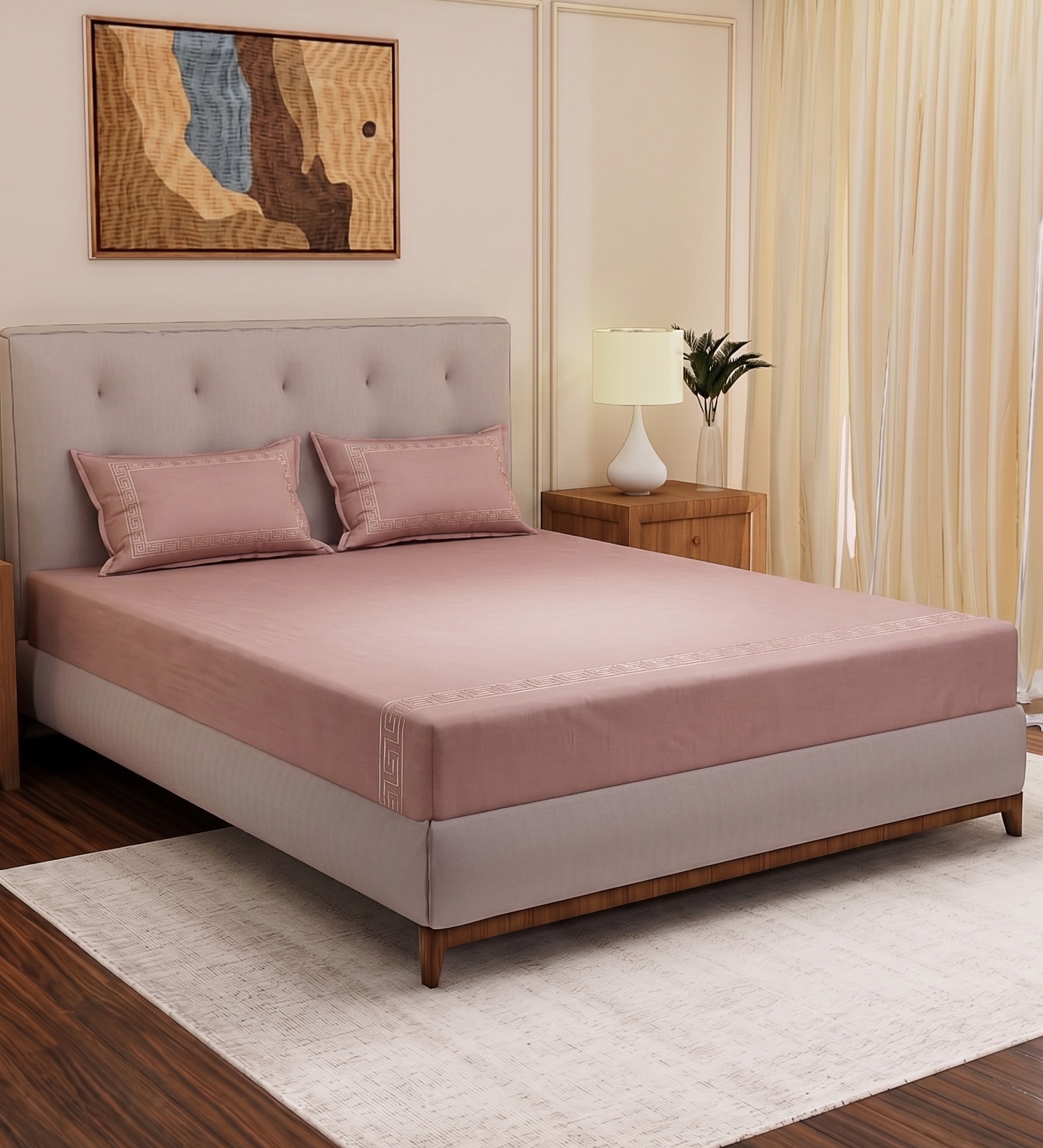 Peach Solid- Embroidery 180 TC Polyester King Sized Bedsheet With 2 Pillow Covers