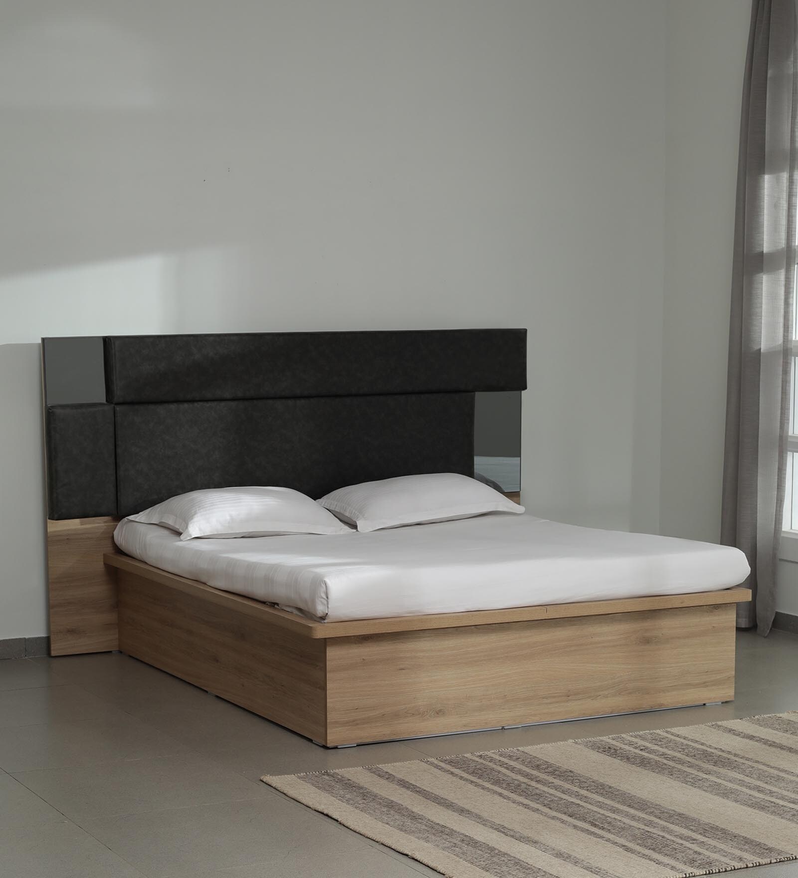 Buy Elite Queen Size Bed in Natural Wood Finish with Hydraulic Storage