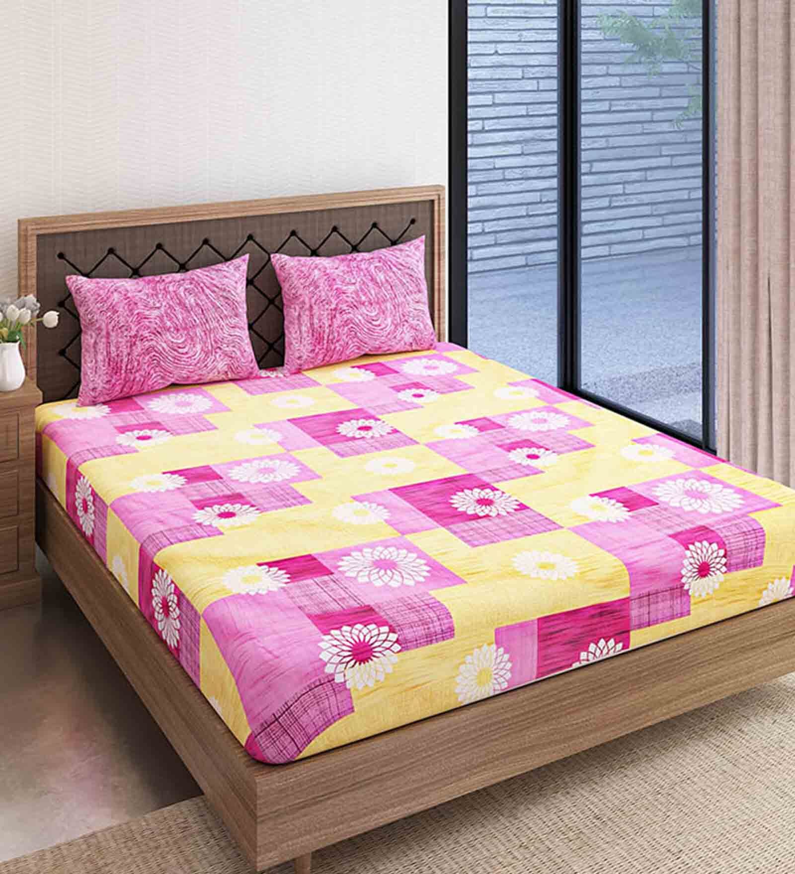 Pink Floral 120 TC Cotton 1 Double Bedsheet with 2 Pillow Covers