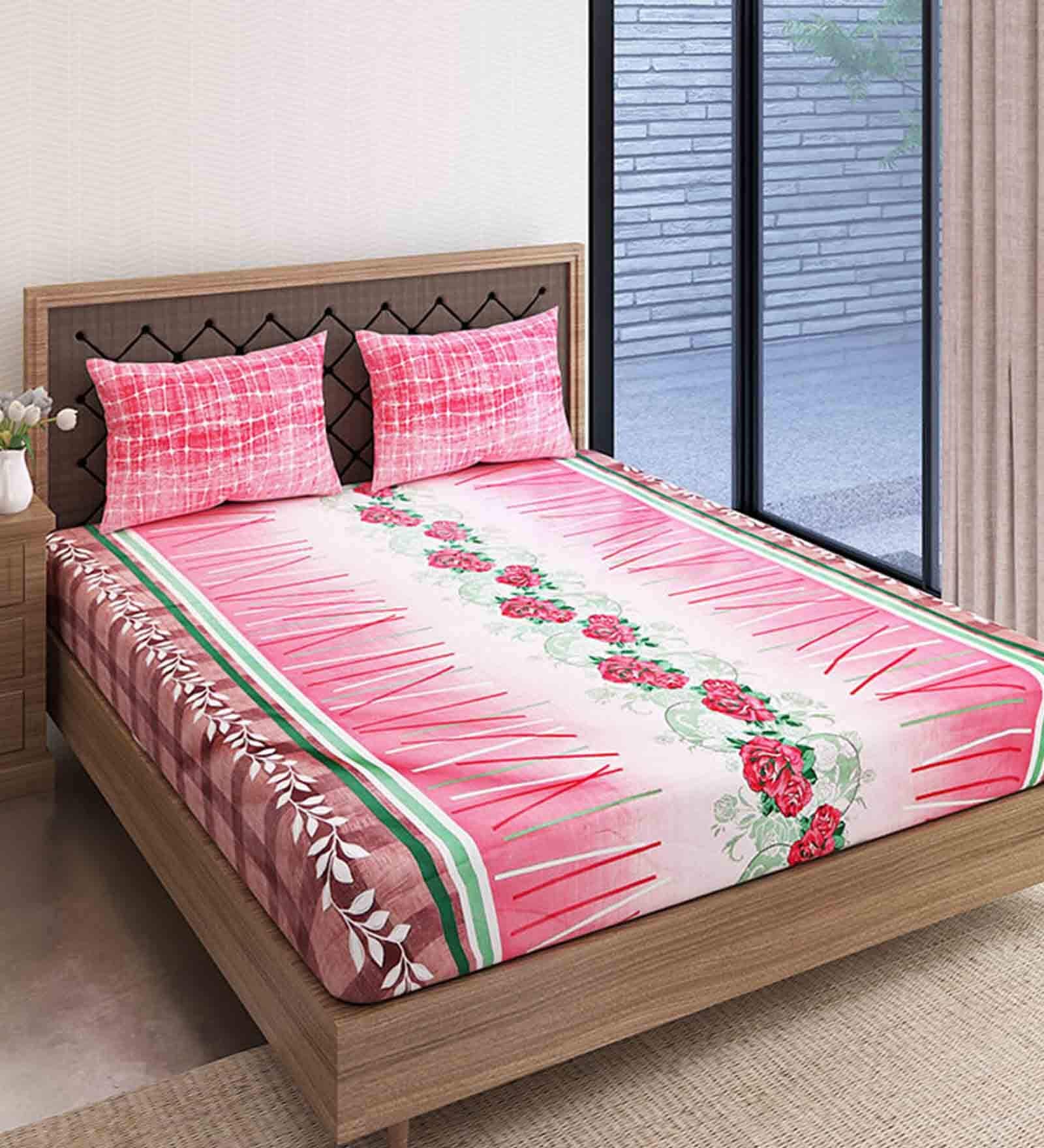 Pink - Himroo Mercerized Cotton Double Bed Cover (93 x 87 in)