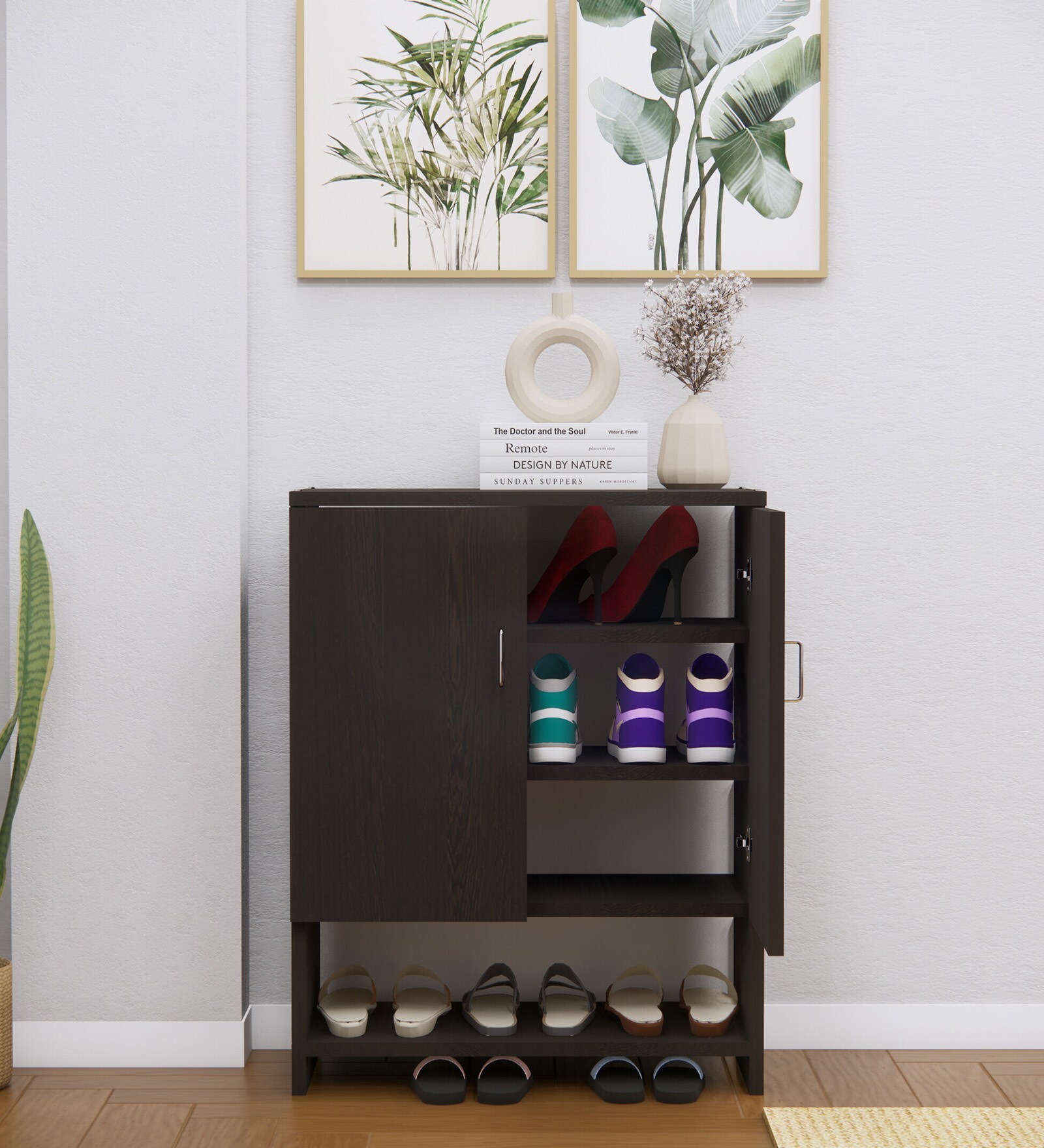 Ella 2 Door, 1 shelf open & 3 Shelf Multipurpose Cabinet with Termite Resistance in Chiyoda Wange Finish