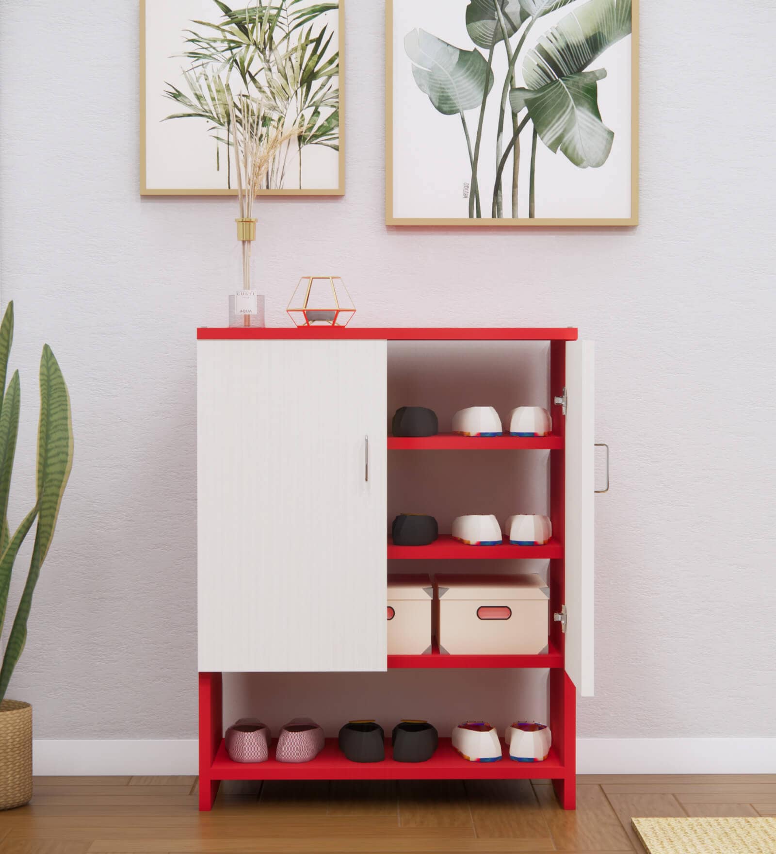 Ella Wood 2 Shoe Cabinet in Highland Pine & Scarlet Red Finish