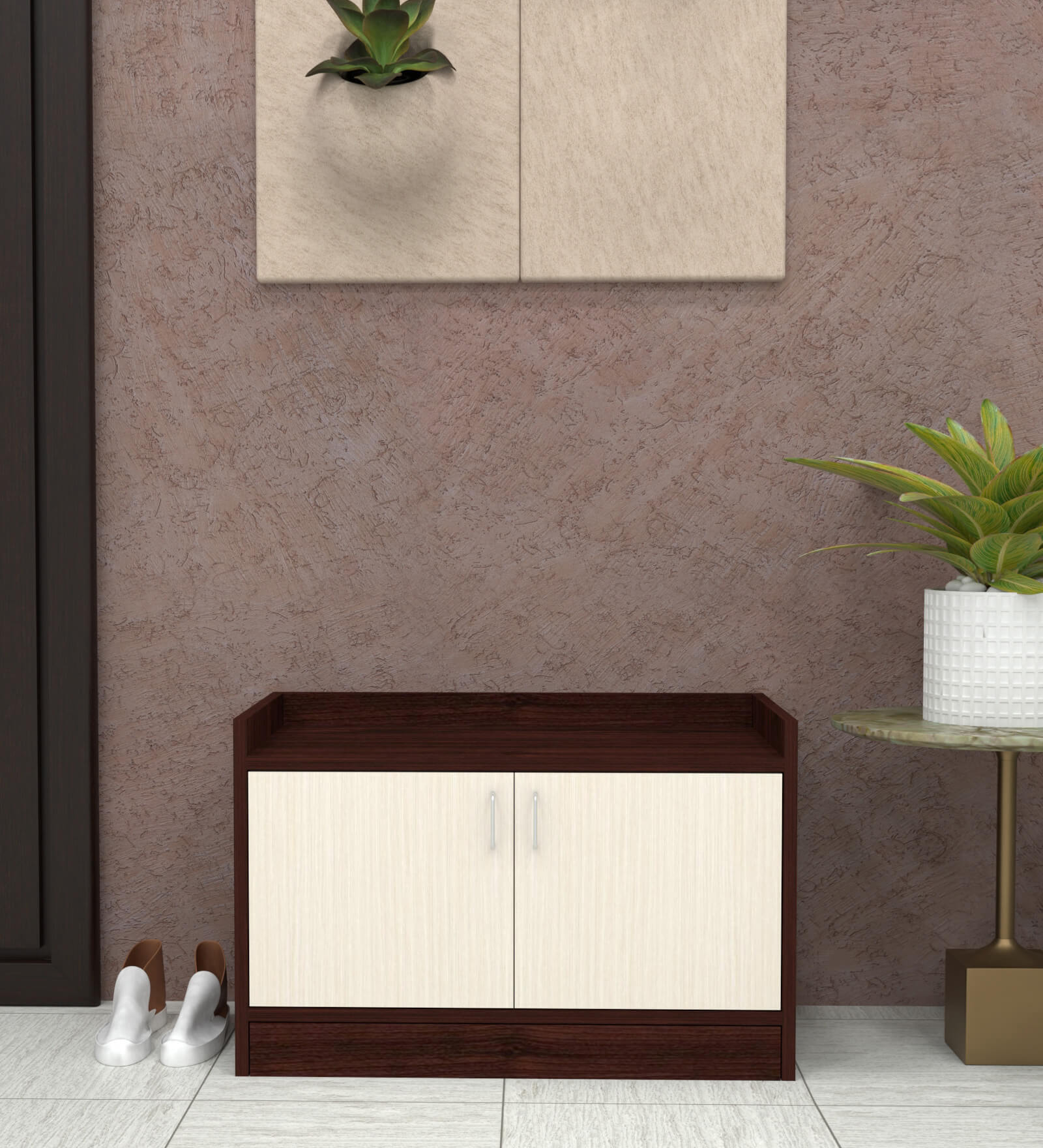 Ella 2 Doors Multipurpose Shoe Cabinet in Rose Wood & Highland Pine Finish