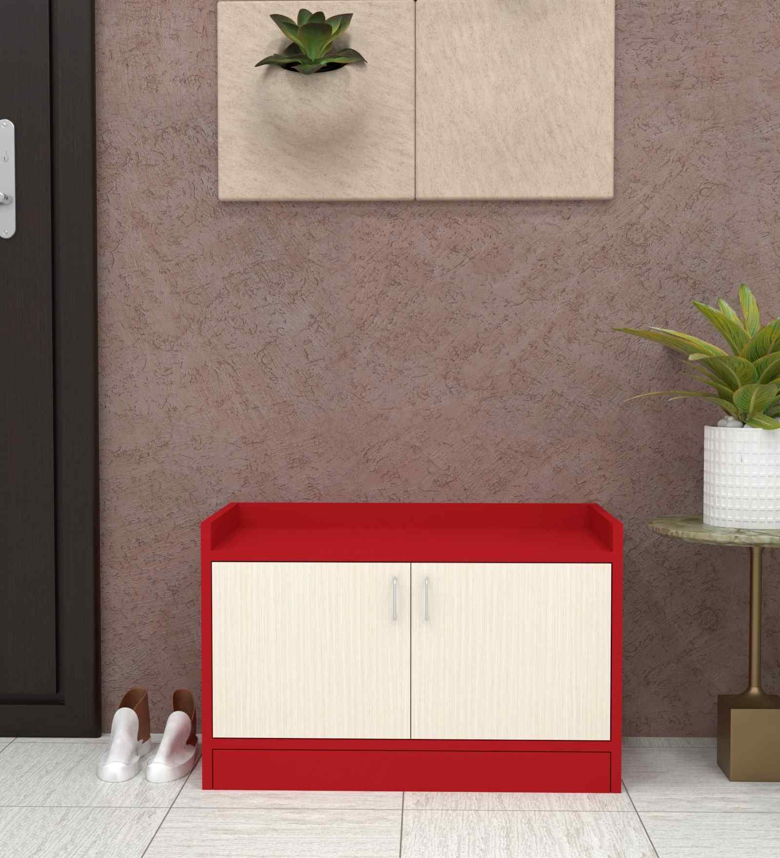Ella 2 Doors Multipurpose Shoe Cabinet in Scarlet Red & Highland Pine Finish