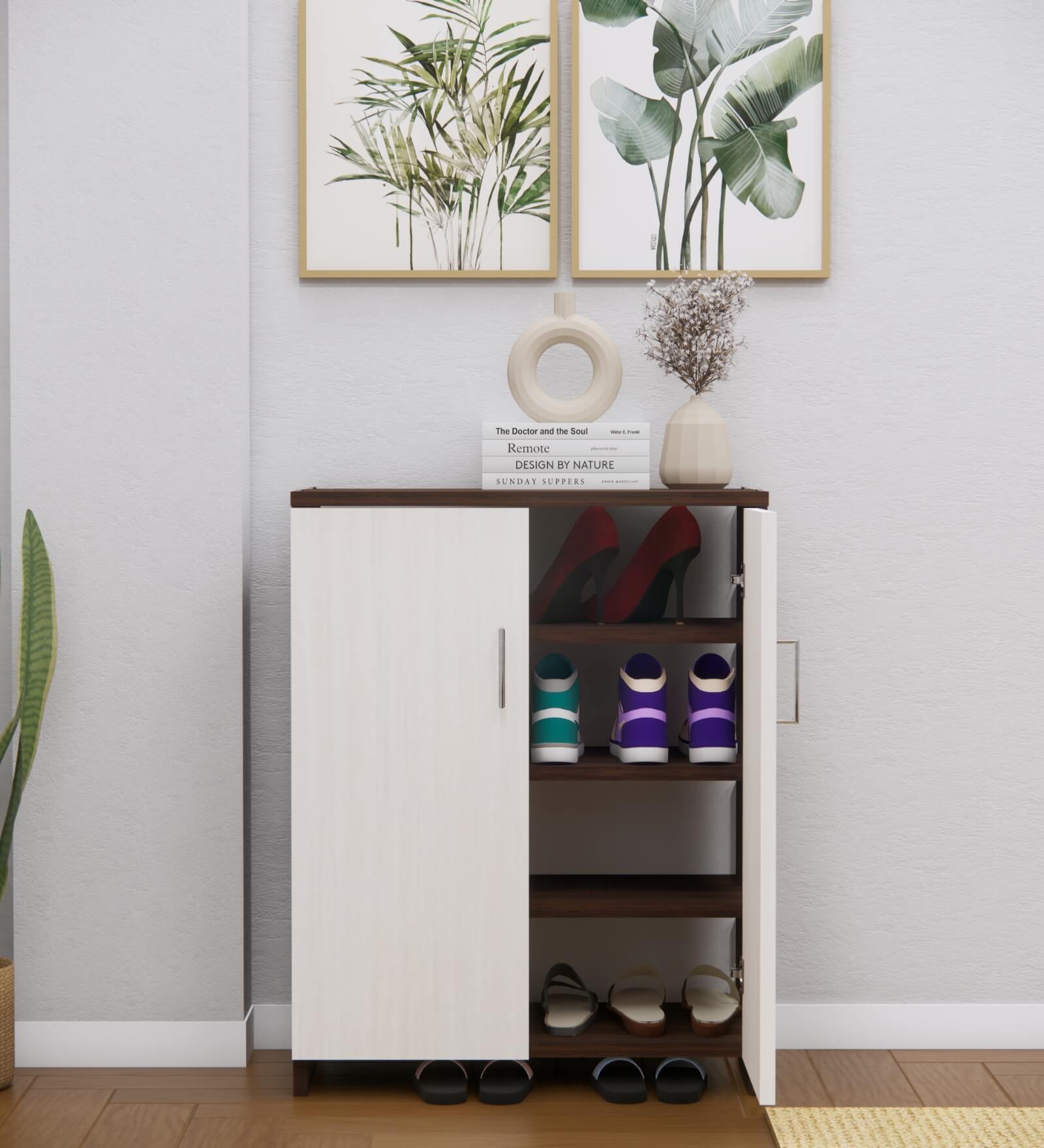 Ella Wood 2 Shoe Cabinet in Highland Pine & Aisan Walnut Finish