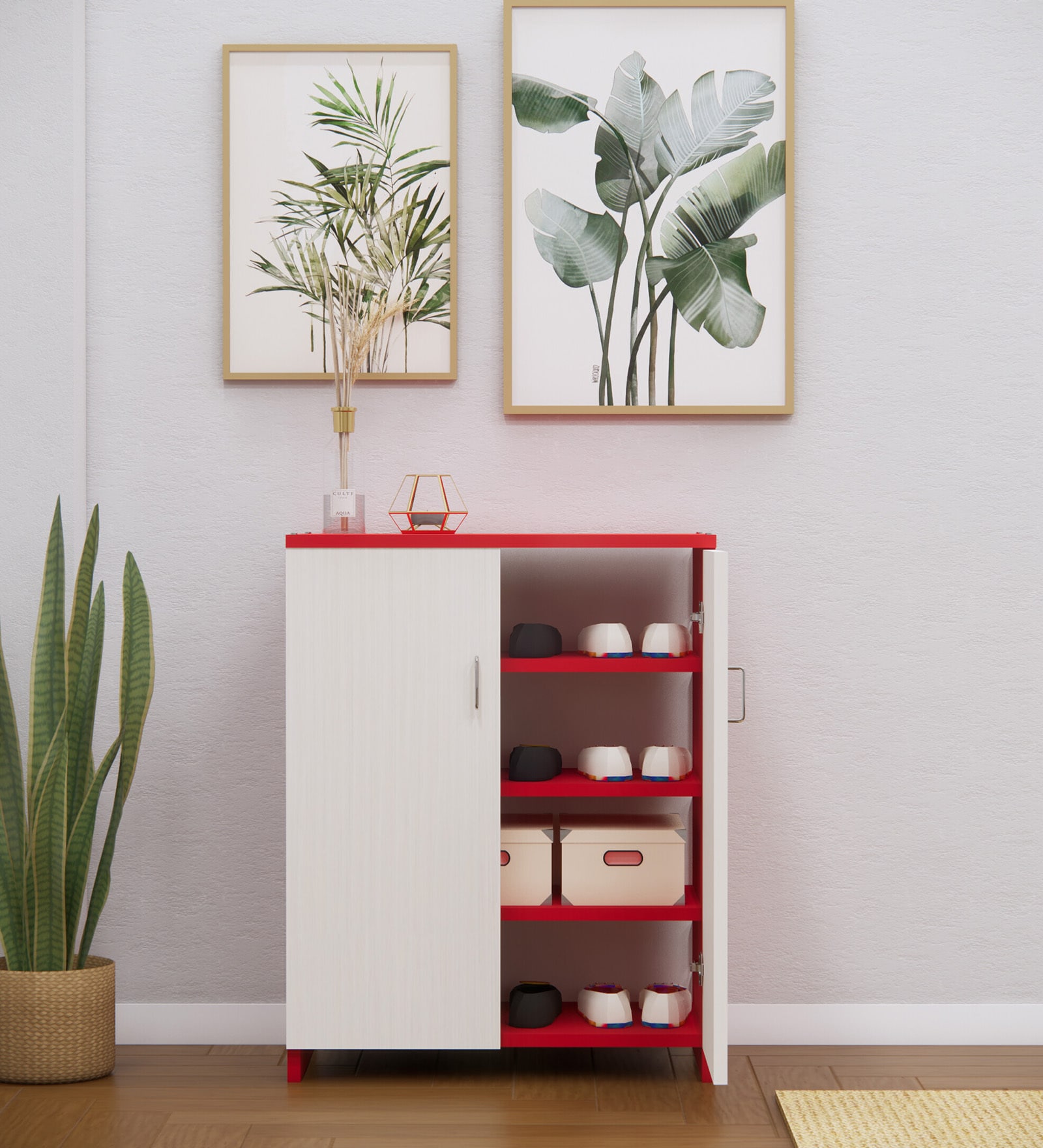 Ella 2 Doors with 4 Shelfs Multipurpose Shoe Rack in Highland Pine & Scarlet Red Finish