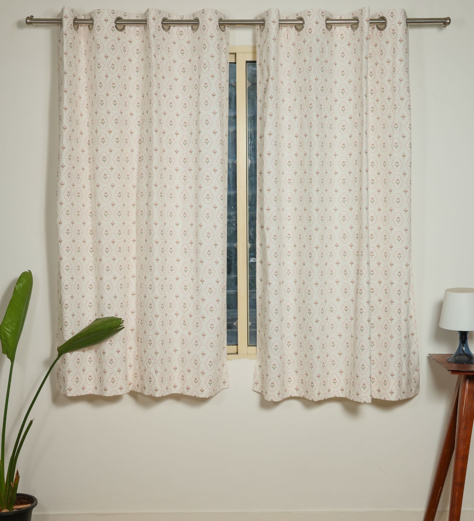 Ella Pink & Green Cotton 230 GSM  Ethnic 5 Feet Room Darkening Eyelet Window Curtains (2 Pc)