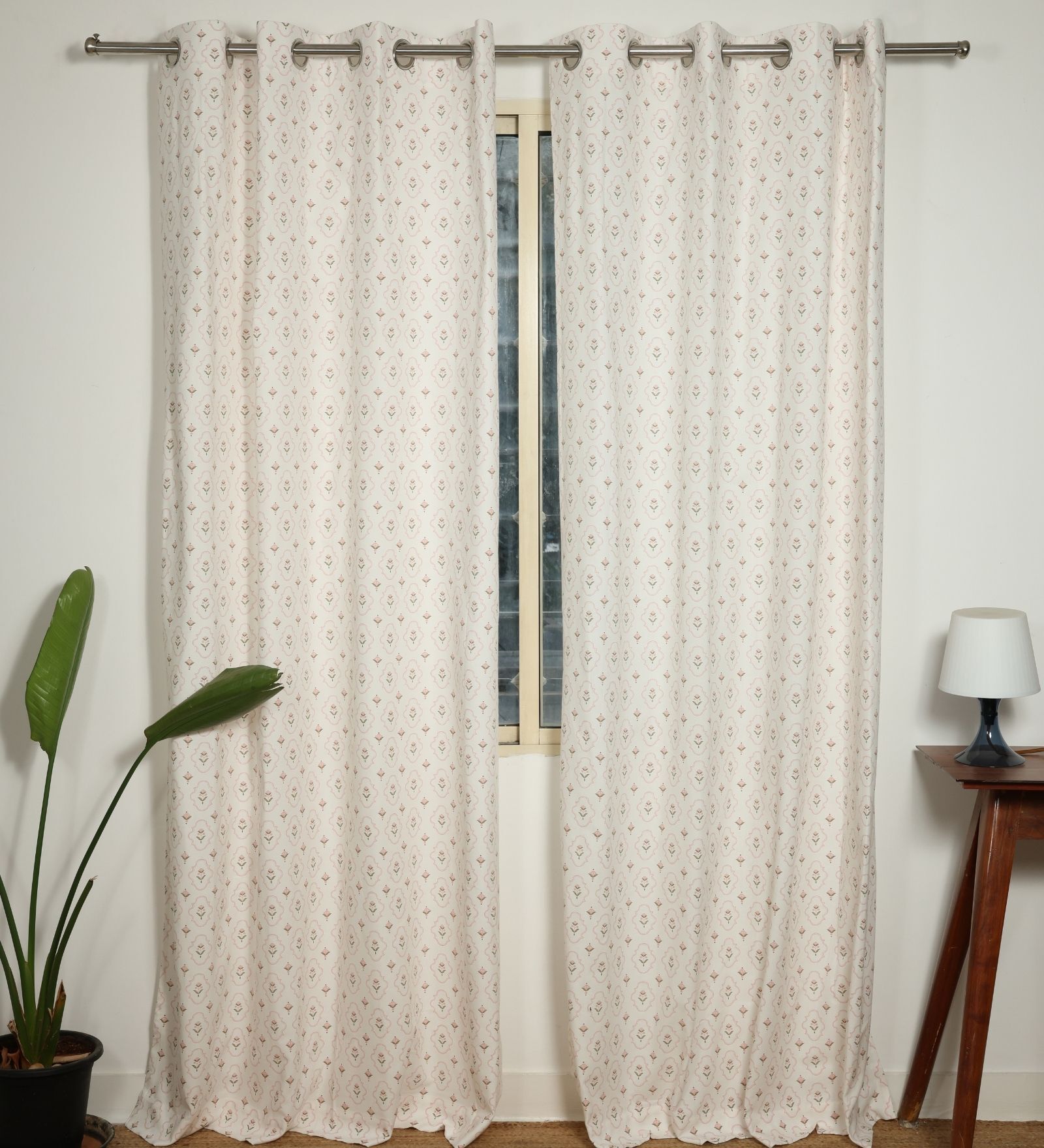 Ella Pink & Green Cotton 230 GSM  Ethnic 7 Feet Room Darkening Eyelet Door Curtains (2 Pc)