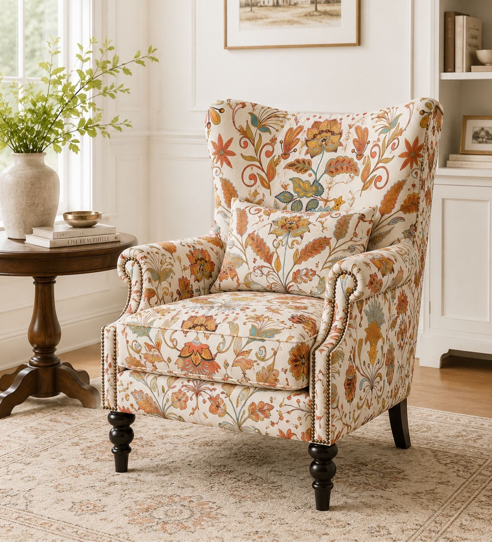 Ellery Teak Wood Wing Chair With Suede Fabric In Botanical Beige Colour Ellery Teak Wood Wing Chair With Suede Fabric In Botanical Beige Colour