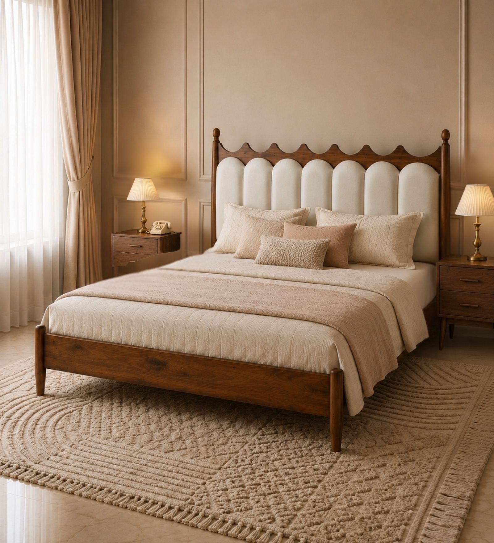 Ellora Upholstered Queen Size Bed In Honey Gold Finish Without Storage