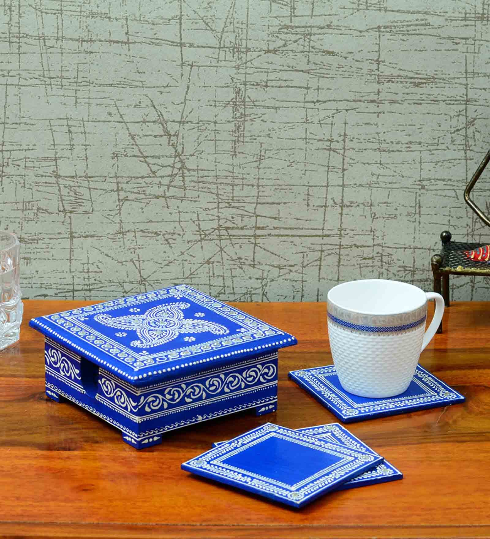 Elora Handpainted Blue & White MDF (Set of 6) Table Coaster with Stand
