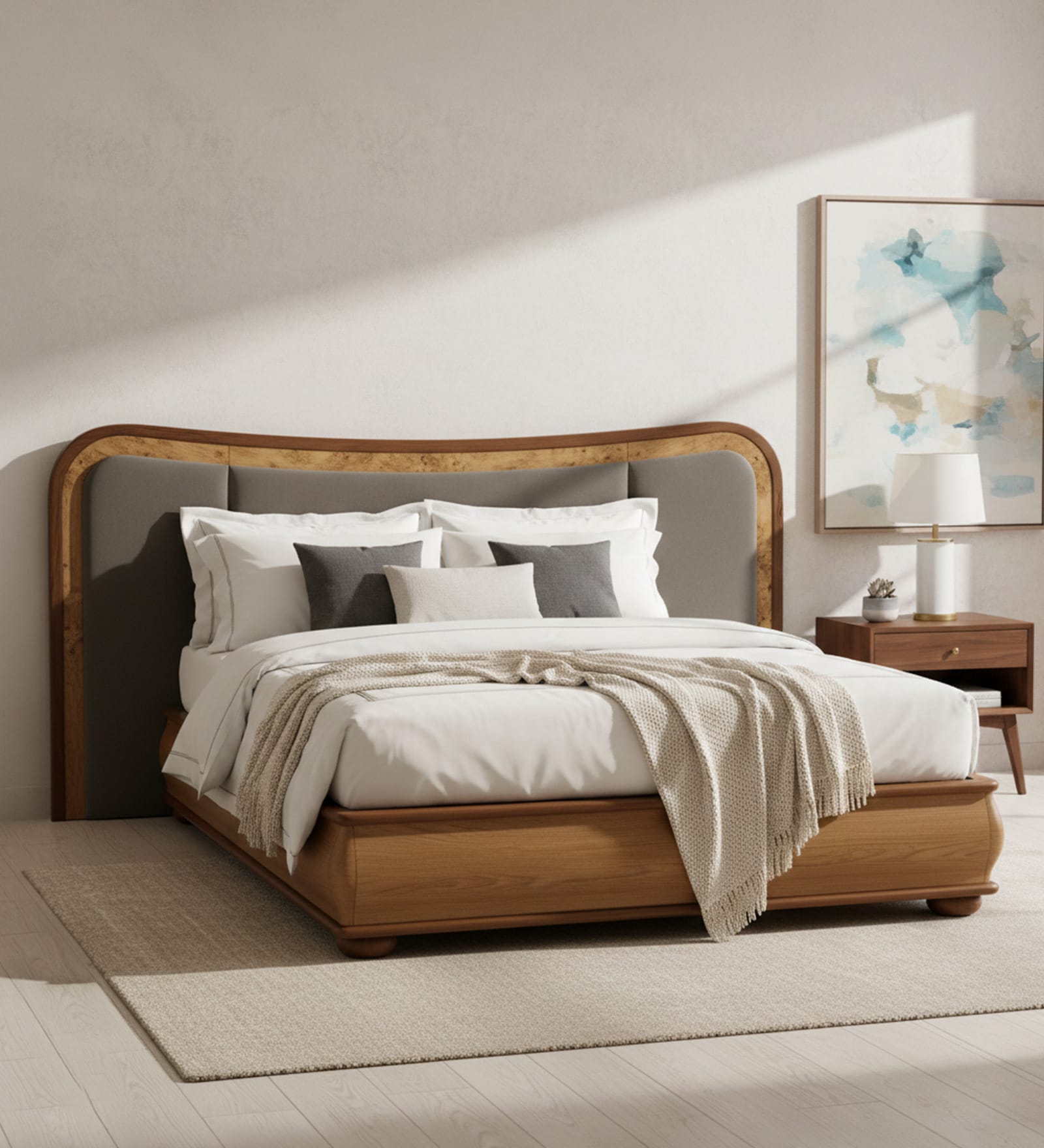 Elowen Softline Bed in velvet With Oak wood Frame & Hydraulic Storage