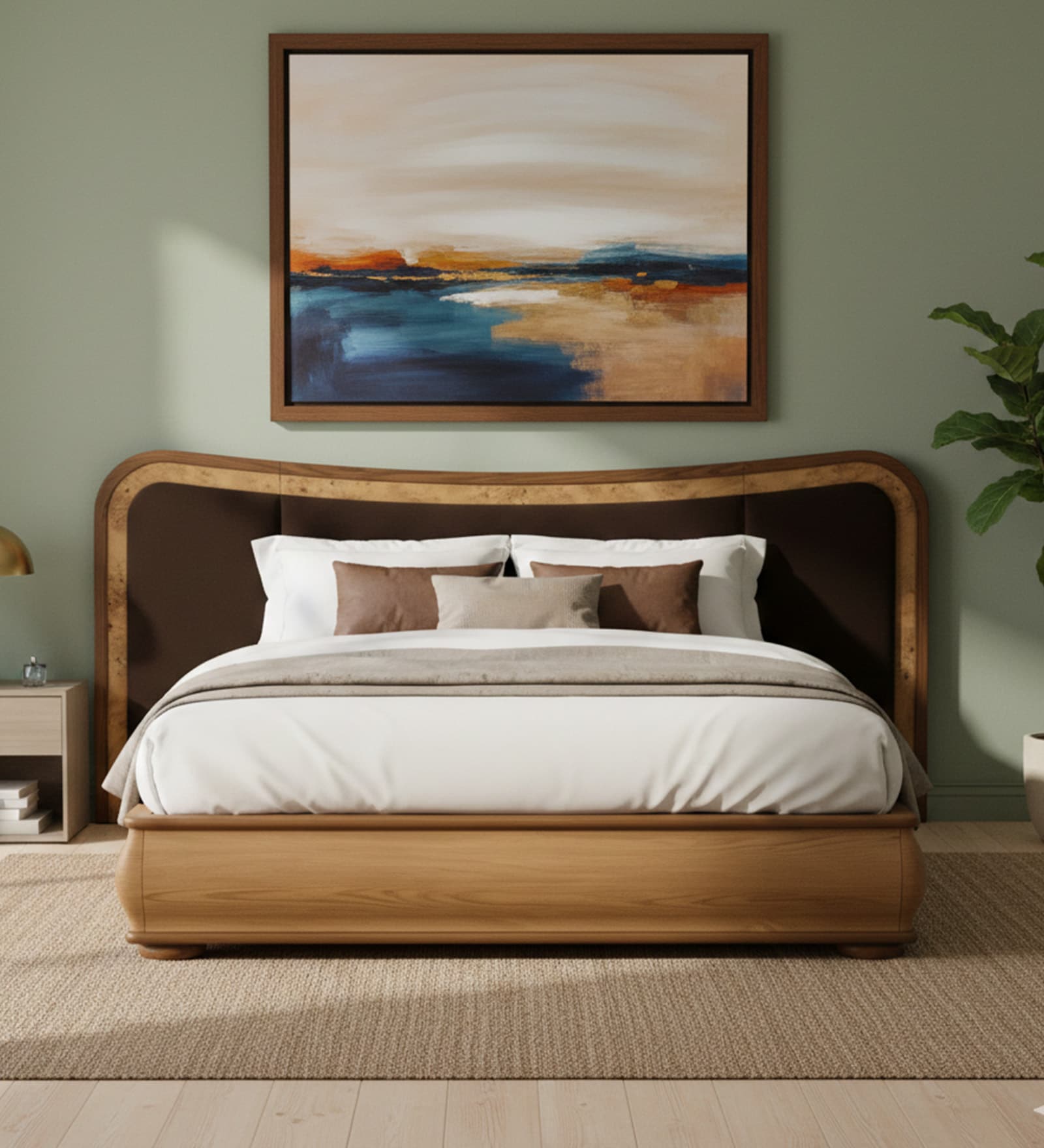 Elowen Softline Bed in velvet With Oak wood Frame & Hydraulic Storage