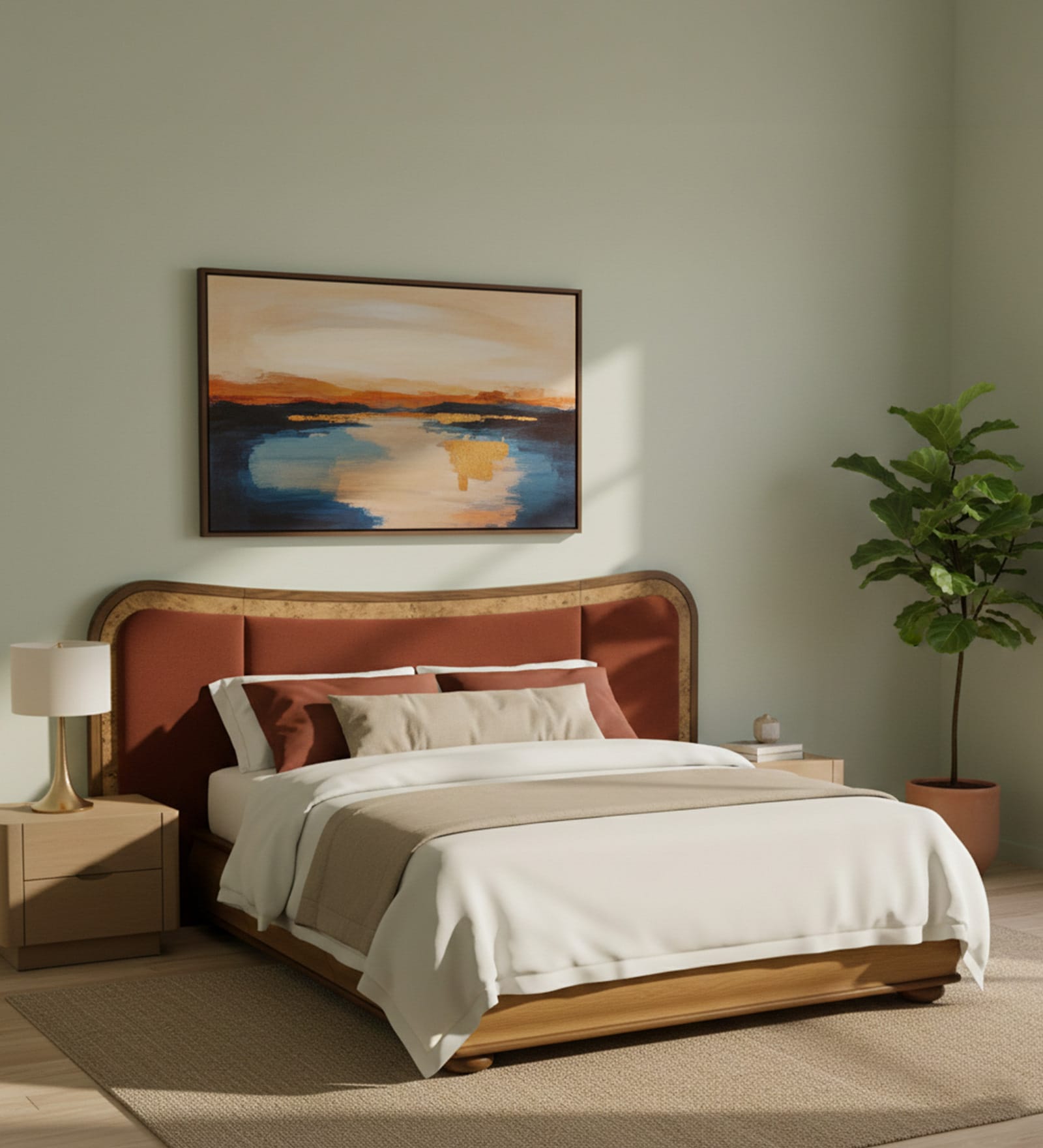 Elowen Softline Bed in velvet With Oak wood Frame & Hydraulic Storage