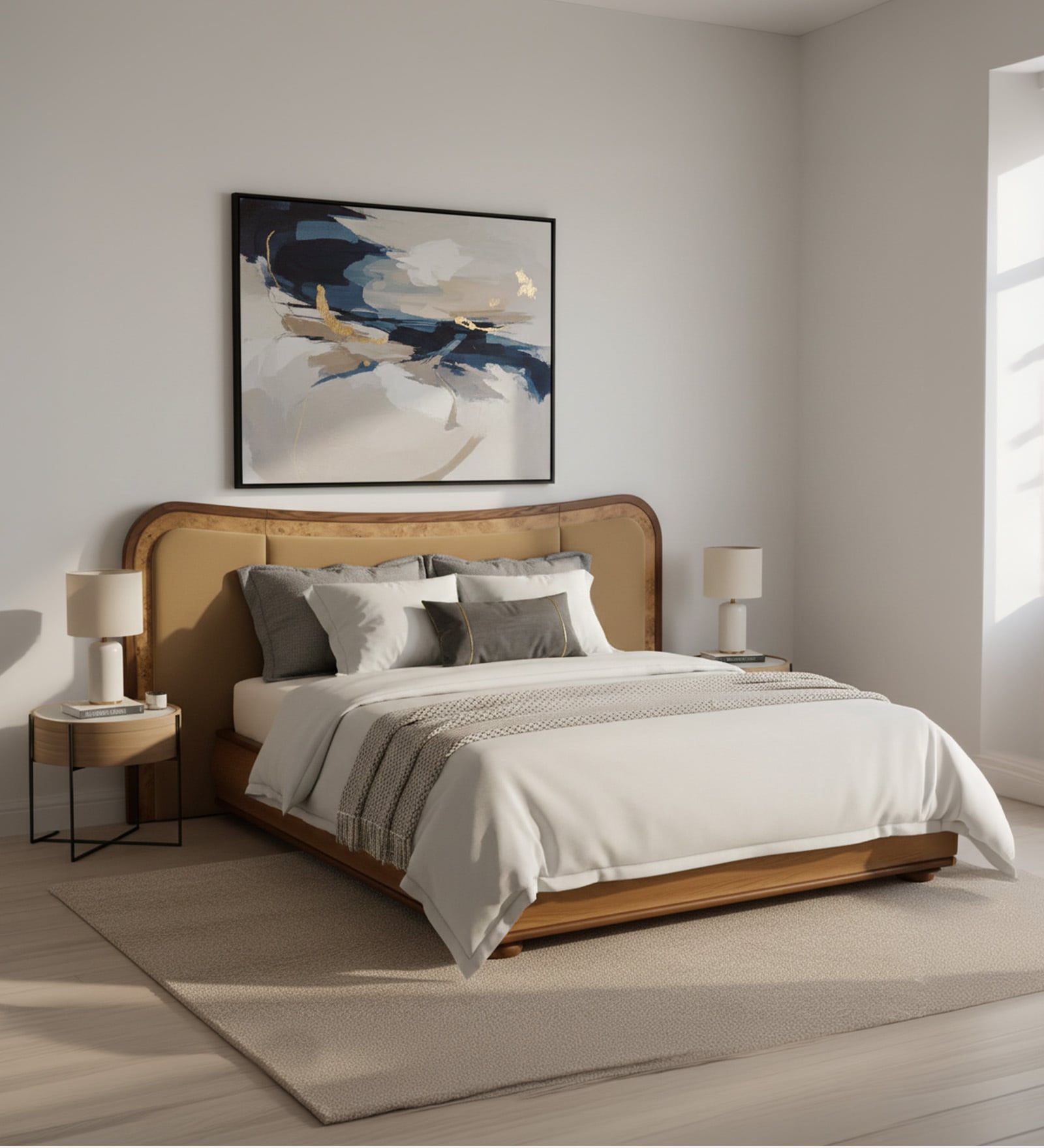 Elowen Softline Bed in velvet With Oak wood Frame & Hydraulic Storage