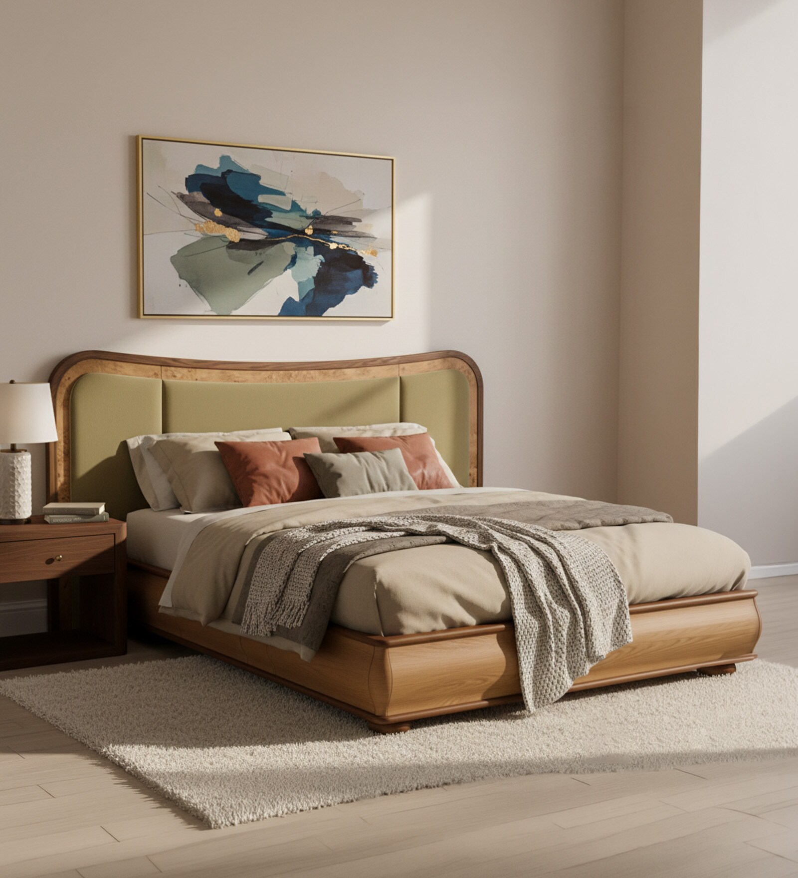 Elowen Softline Bed in velvet With Oak wood Frame & Hydraulic Storage