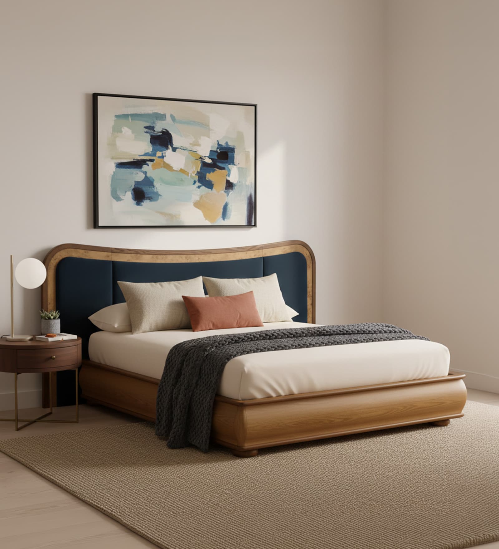 Elowen Softline Queen Size Bed in velvet With Oak wood Frame & Hydraulic Storage