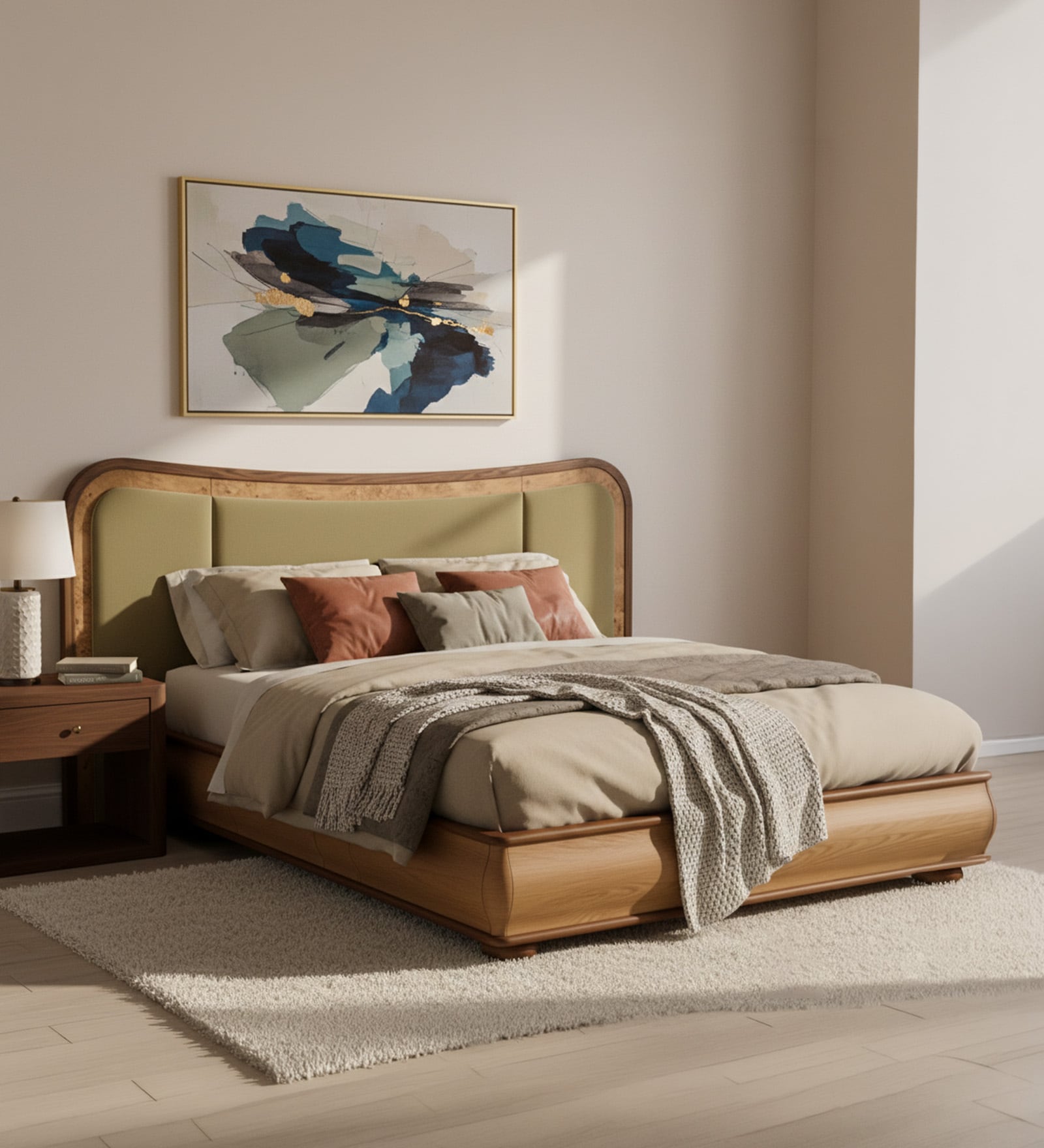 Elowen Softline Queen Size Bed in velvet With Oak wood Frame & Hydraulic Storage