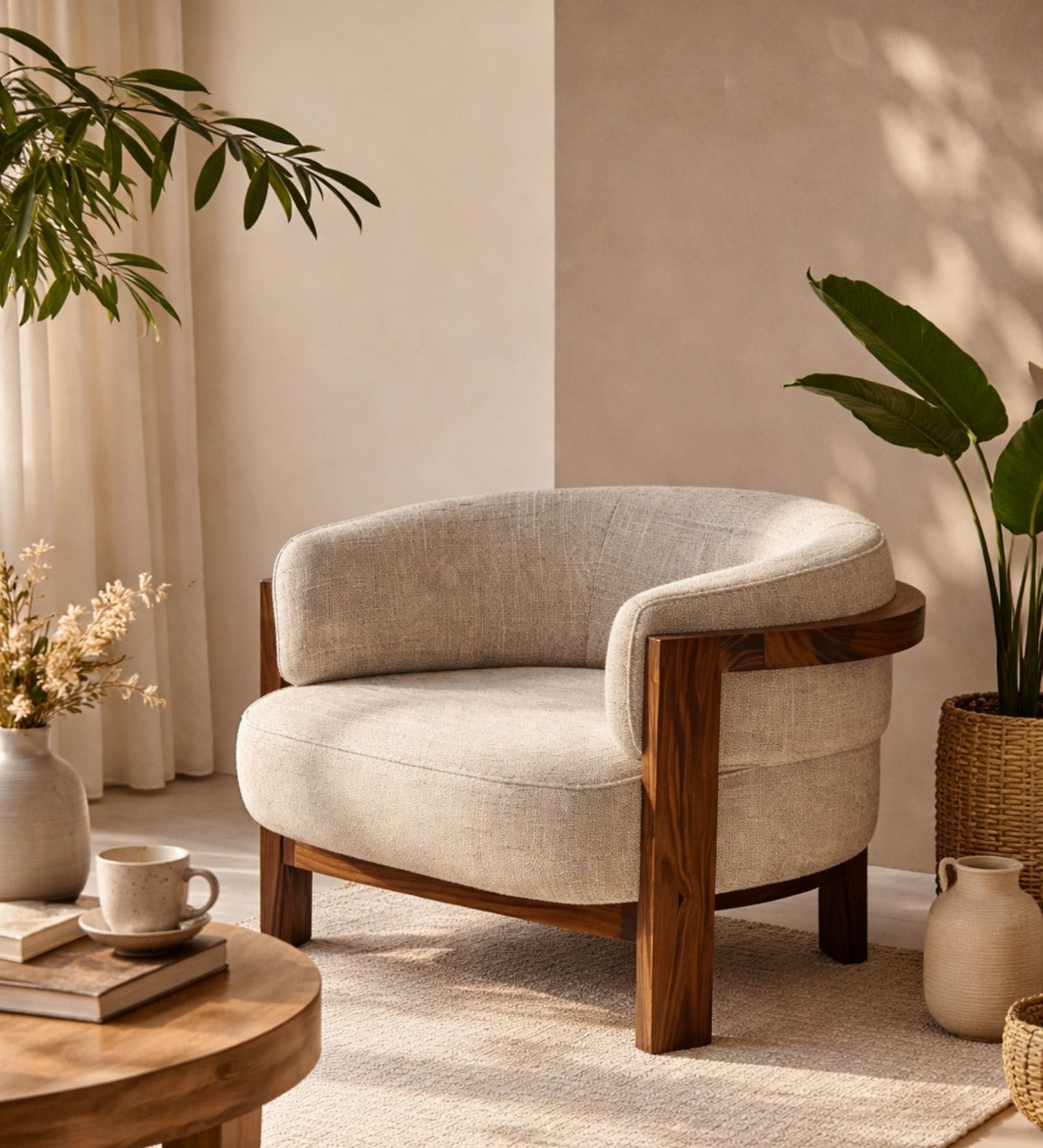Elra Elix Teak Wood With Suede Fabric In Light Beige Colour Elra Elix Teak Wood With Suede Fabric In Light Beige Colour