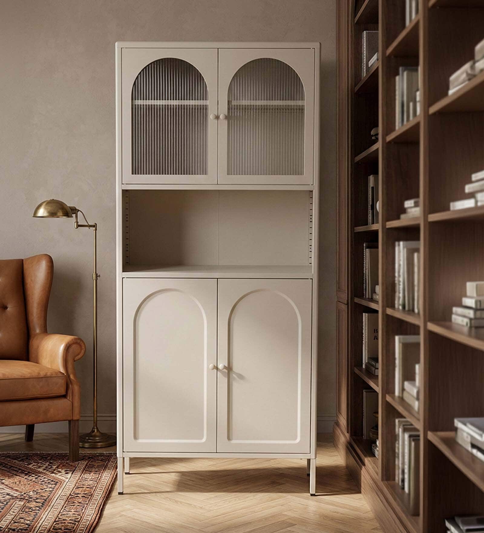 Elvar Multi-Purpose Metal Bookshelf with Fluted Glass Doors Adjustable Shelves and Enclosed Cabinet