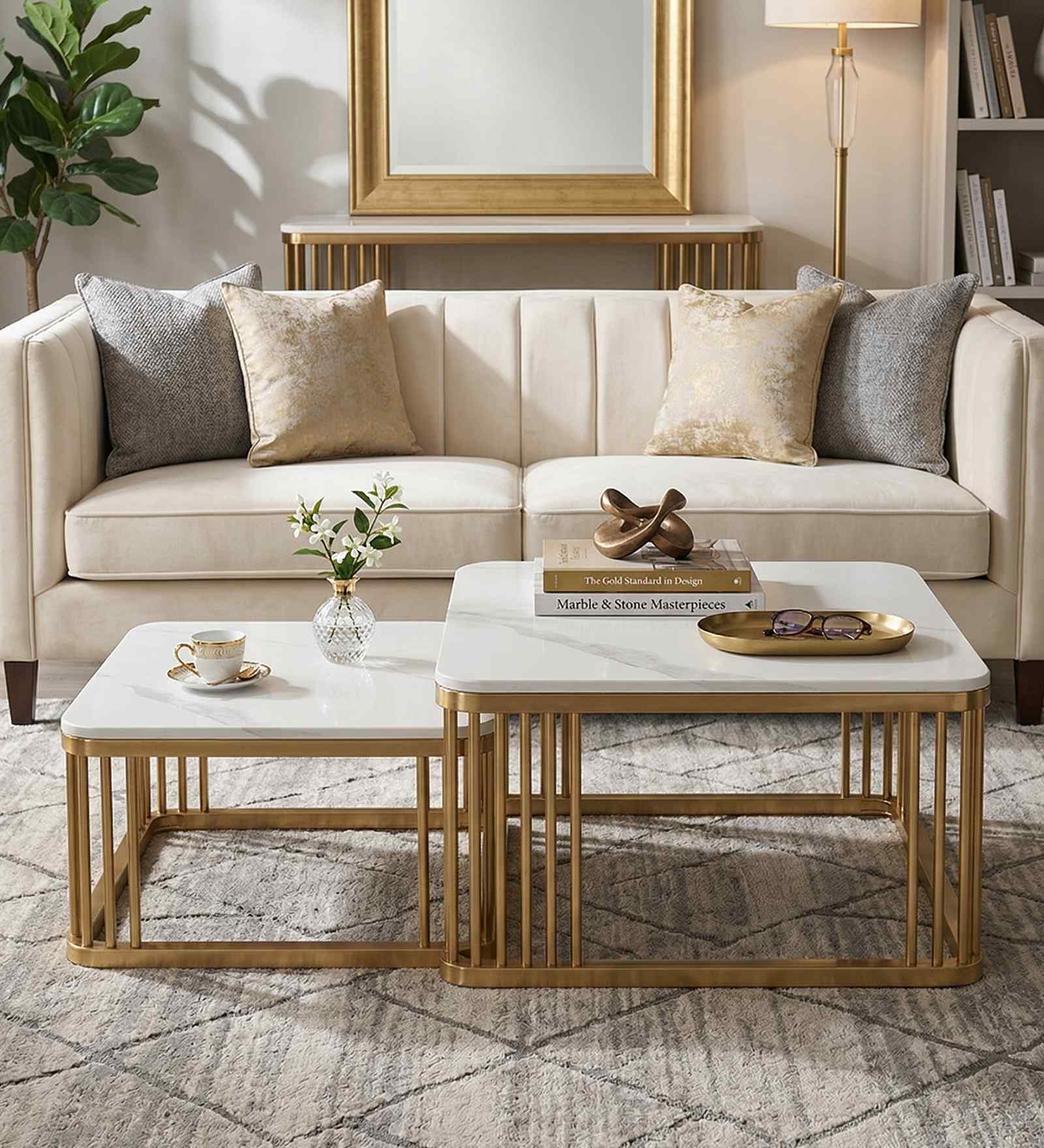 Elvas B Metal Nesting Coffee Table Set with White Porcelain Top (Set of 2)