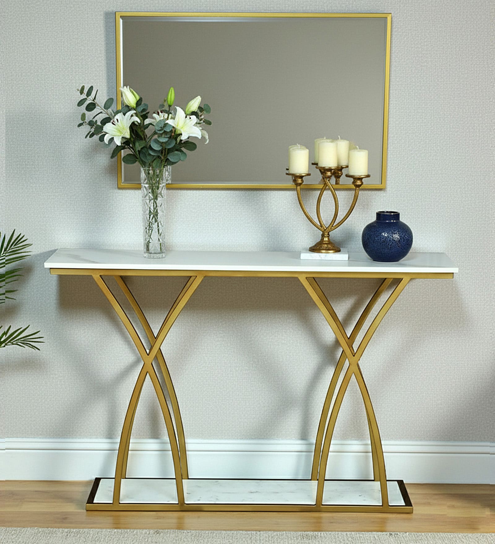 Elvas Metal Console Table In Gold Finish With Porcelain Top Elvas Metal Console Table In Gold Finish With Porcelain Top