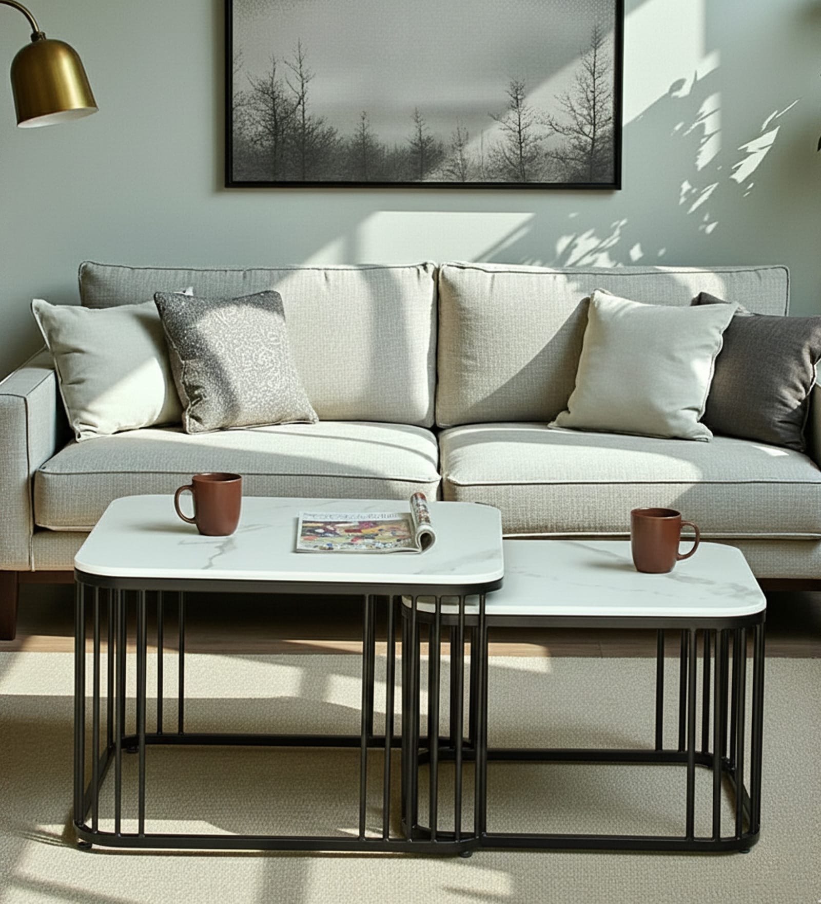 Elvas Metal Nesting Coffee Table Set In Black Finish with White Porcelain Top (Set of 2)