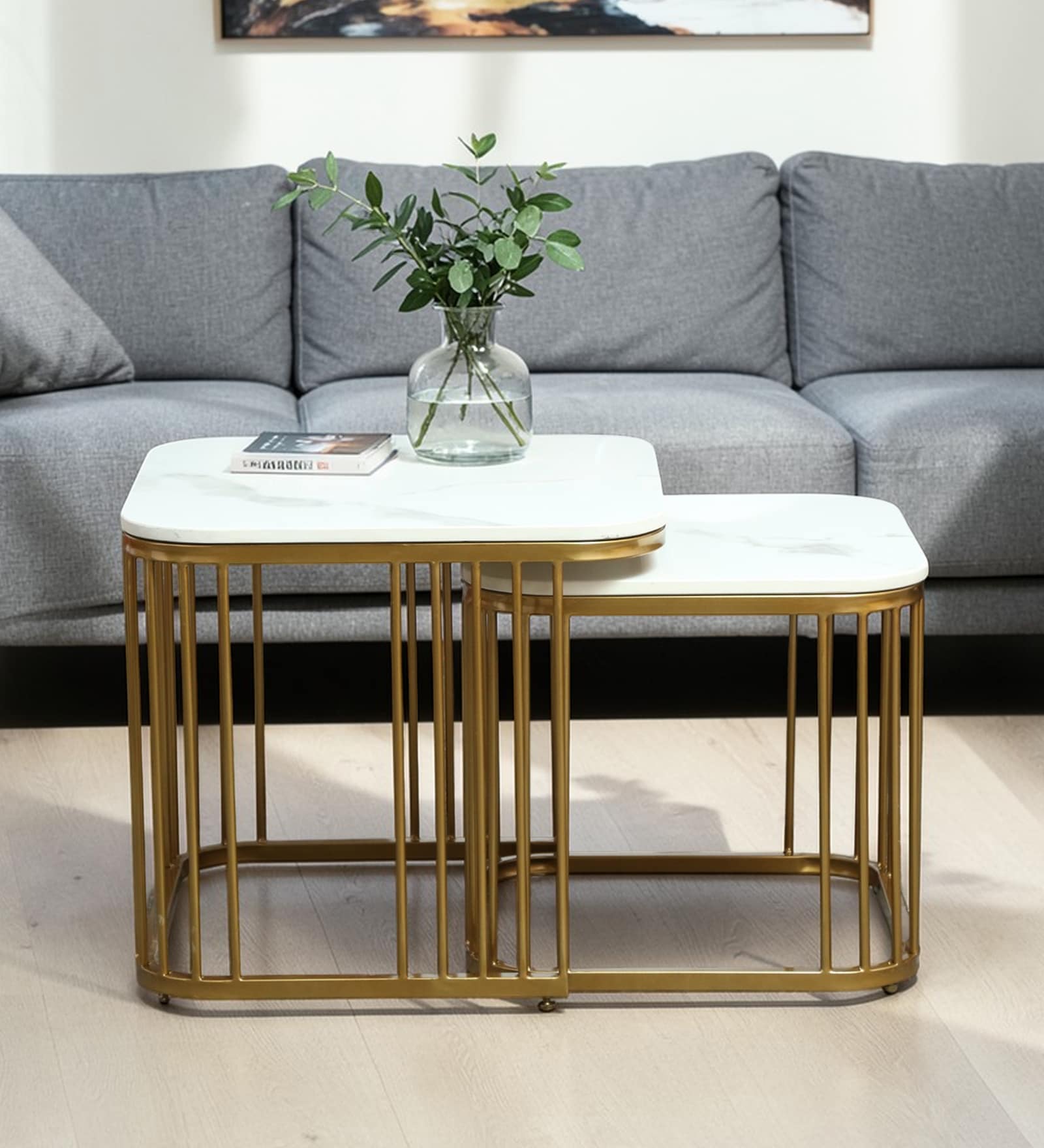 Elvas Metal Nesting Coffee Table Set In Gold Finish with White Porcelain Top (Set of 2)