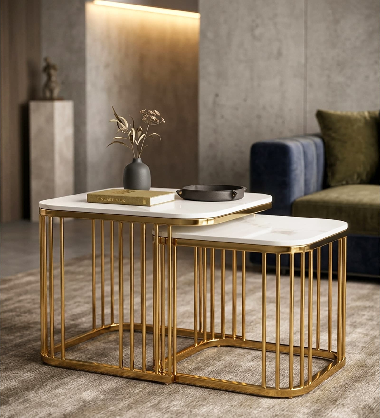 Elvas Metal Nesting Coffee Table Set In Gold Finish with White Porcelain Top (Set of 2) Elvas Metal Nesting Coffee Table Set In Gold Finish with White Porcelain Top (Set of 2)