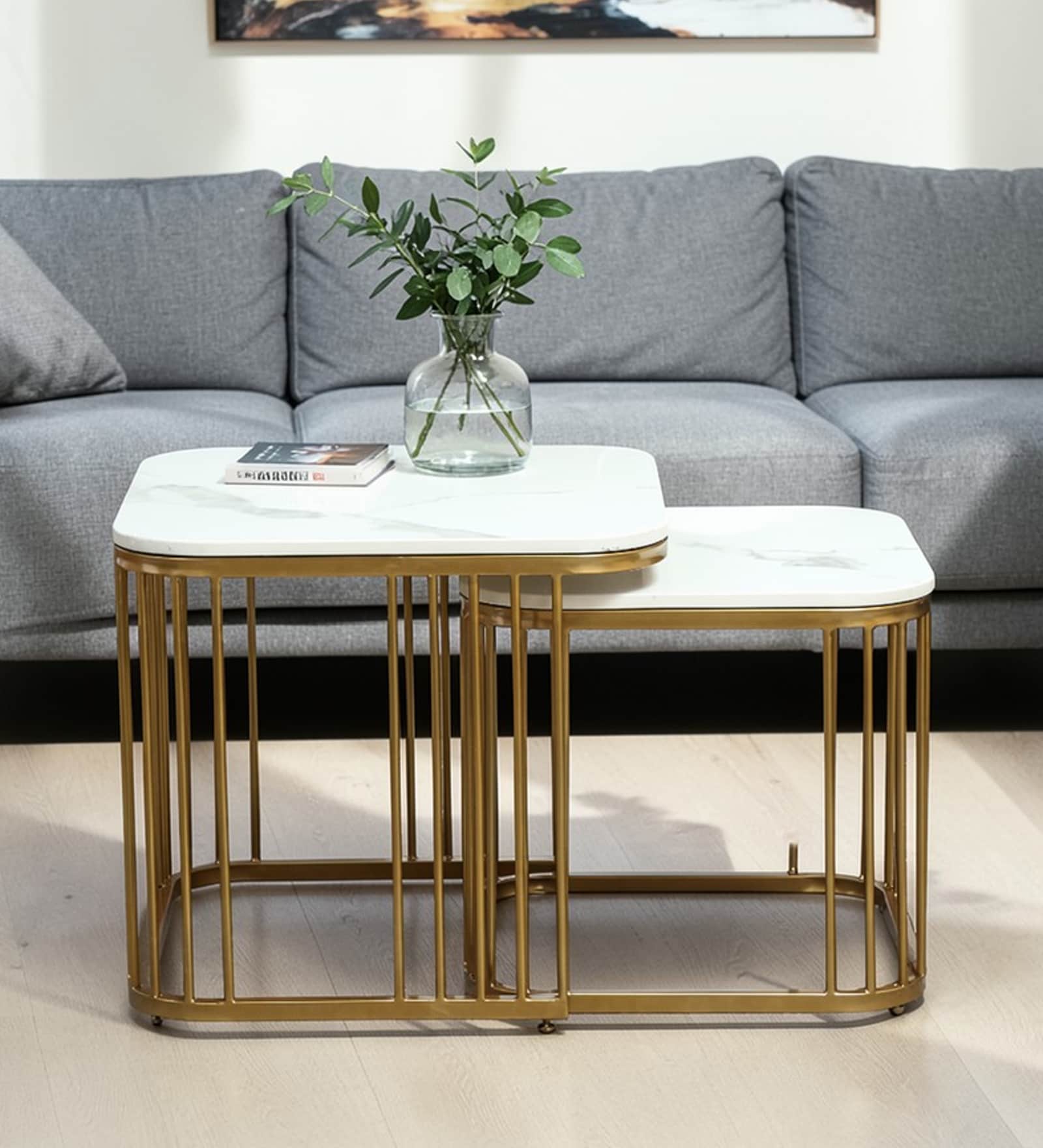 Elvas Metal Nesting Coffee Table Set In Gold Finish with White Porcelain Top (Set of 2)