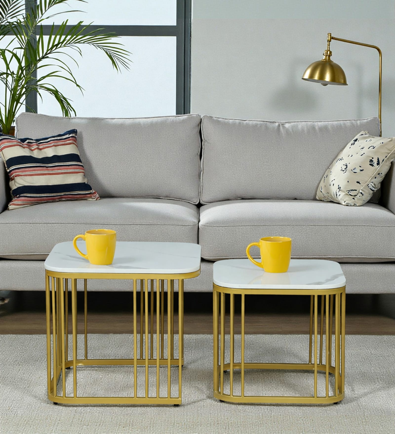 Elvas Metal Nesting Coffee Table Set In Gold Finish with White Porcelain Top (Set of 2)