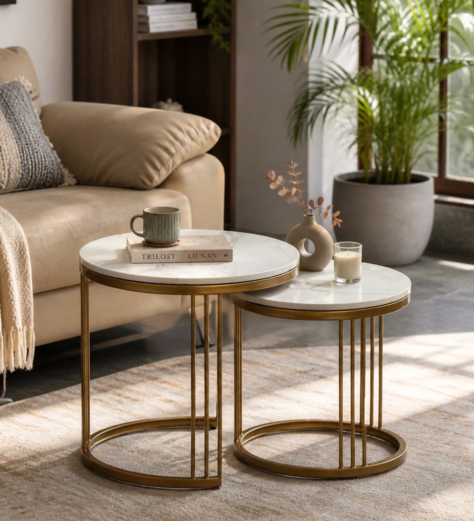 Elvas S Metal Round Nesting Coffee Table Set In Gold Finish with White Porcelain Top (Set of 2)